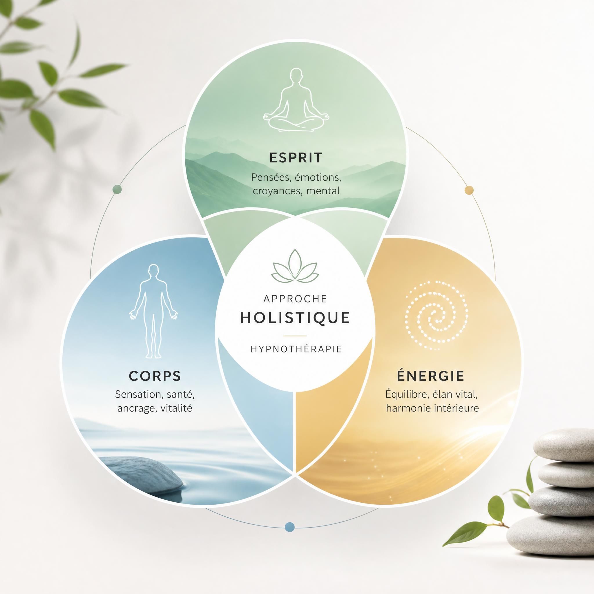 Illustration symbolique des trois dimensions corps-esprit-énergie avec des cercles interconnectés représentant l'approche holistique de l'hypnothérapie