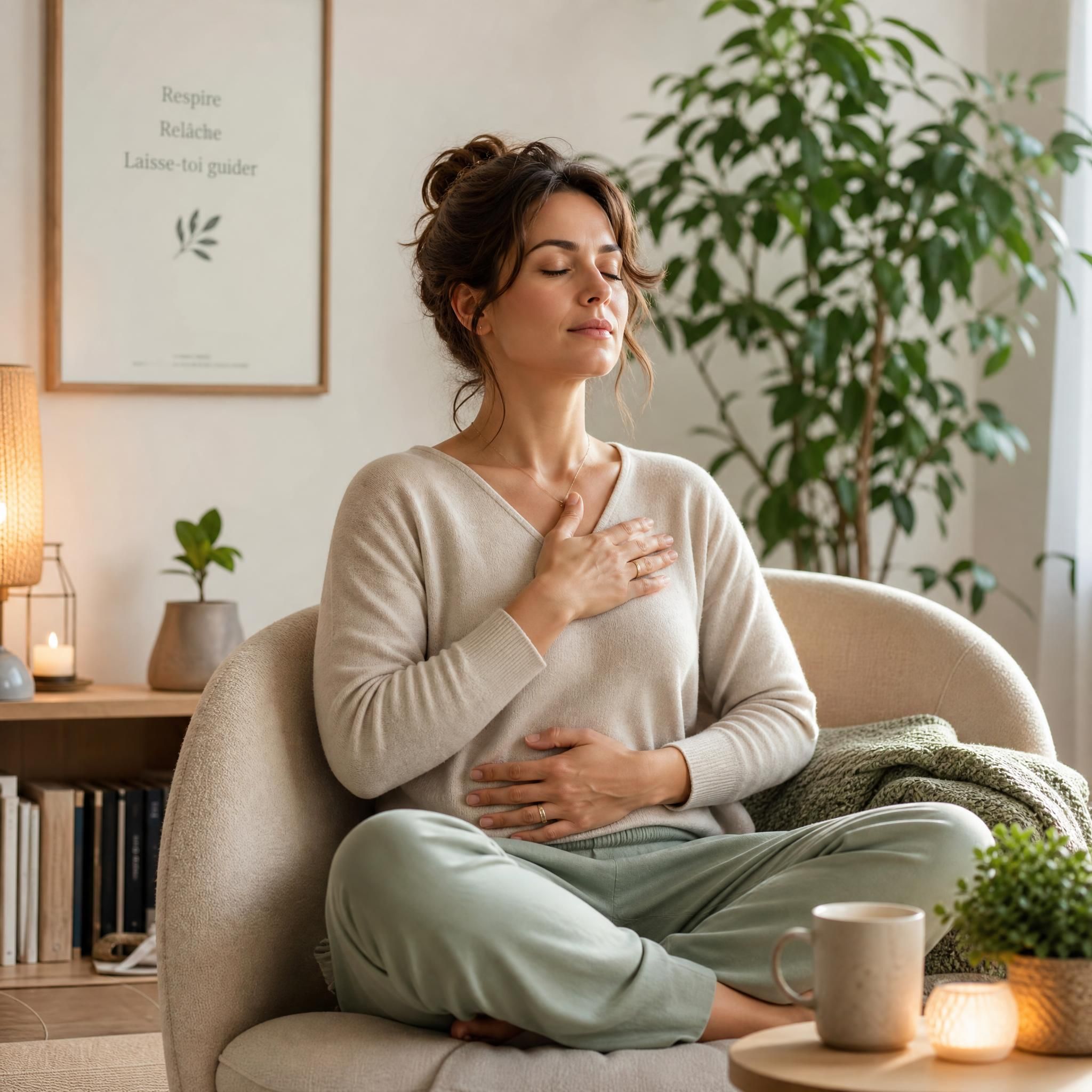 femme pratiquant l'auto-hypnose chez elle, assise confortablement, yeux fermés, atmosphère sereine