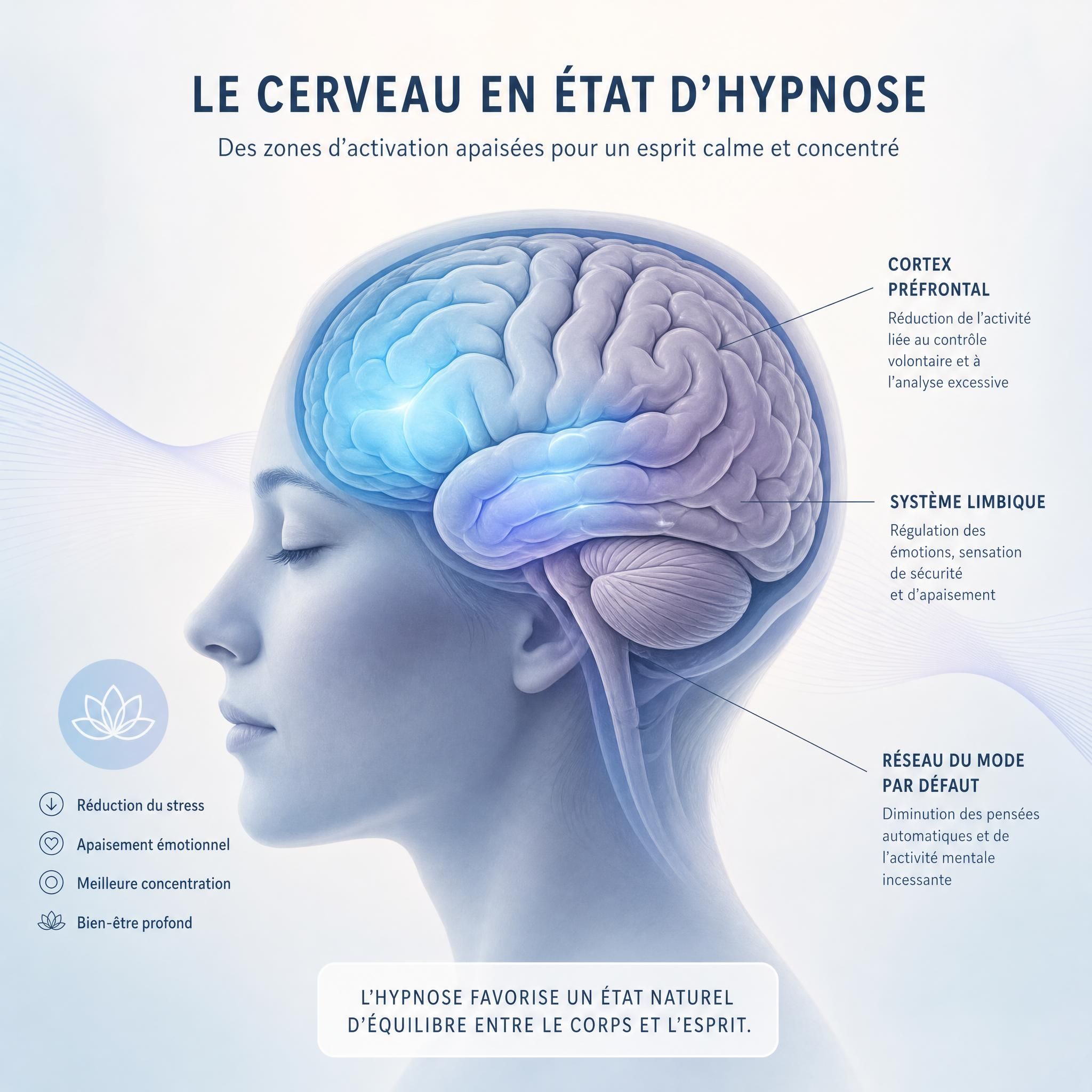 illustration du cerveau en état d'hypnose avec zones d'activation apaisées, style médical et doux