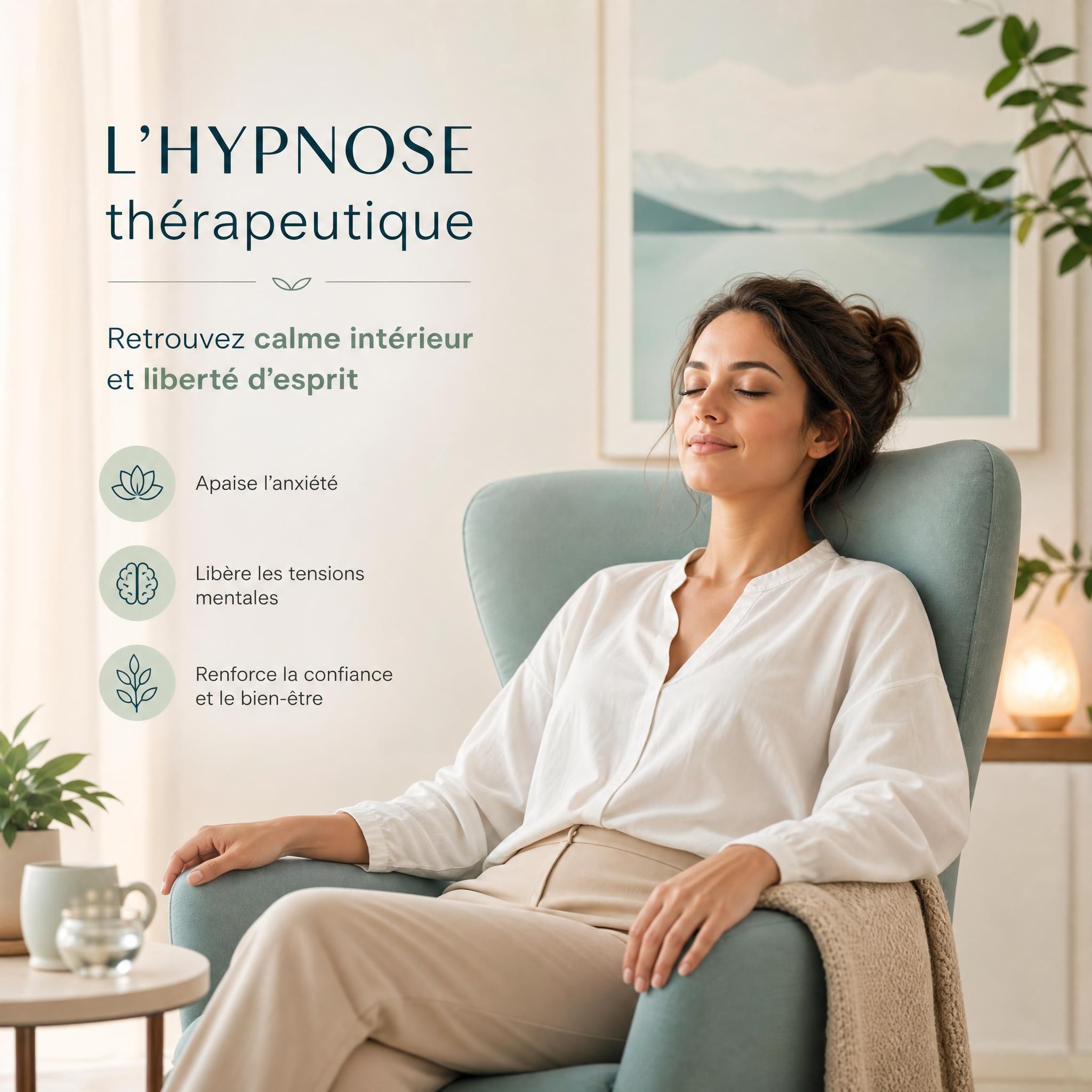 Femme assise les yeux fermés dans un espace serein, symbolisant la détente profonde et la libération de l'anxiété par l'hypnose thérapeutique