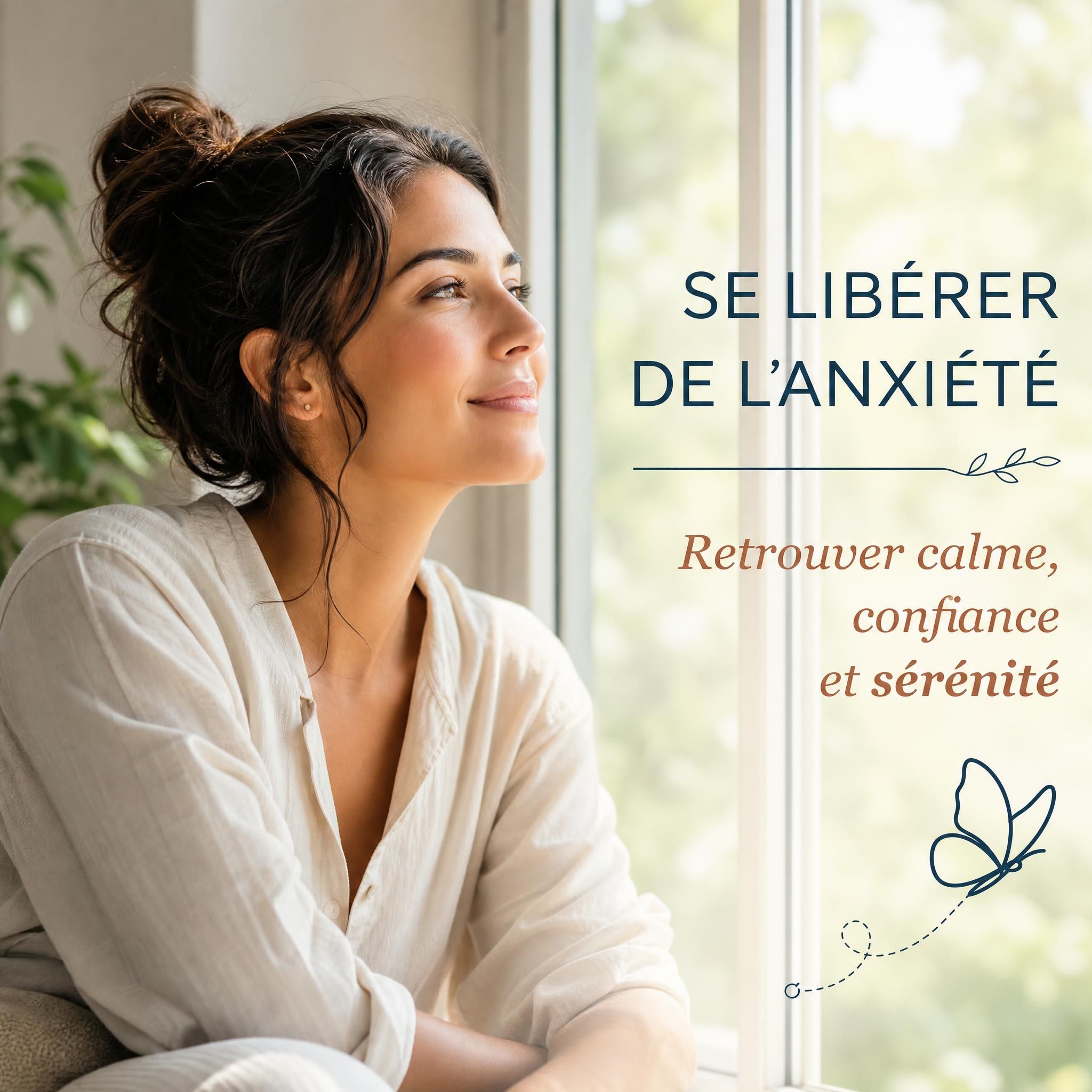 Portrait d'une femme sereine regardant par une fenêtre lumineuse, illustrant la transformation intérieure et la libération de l'anxiété
