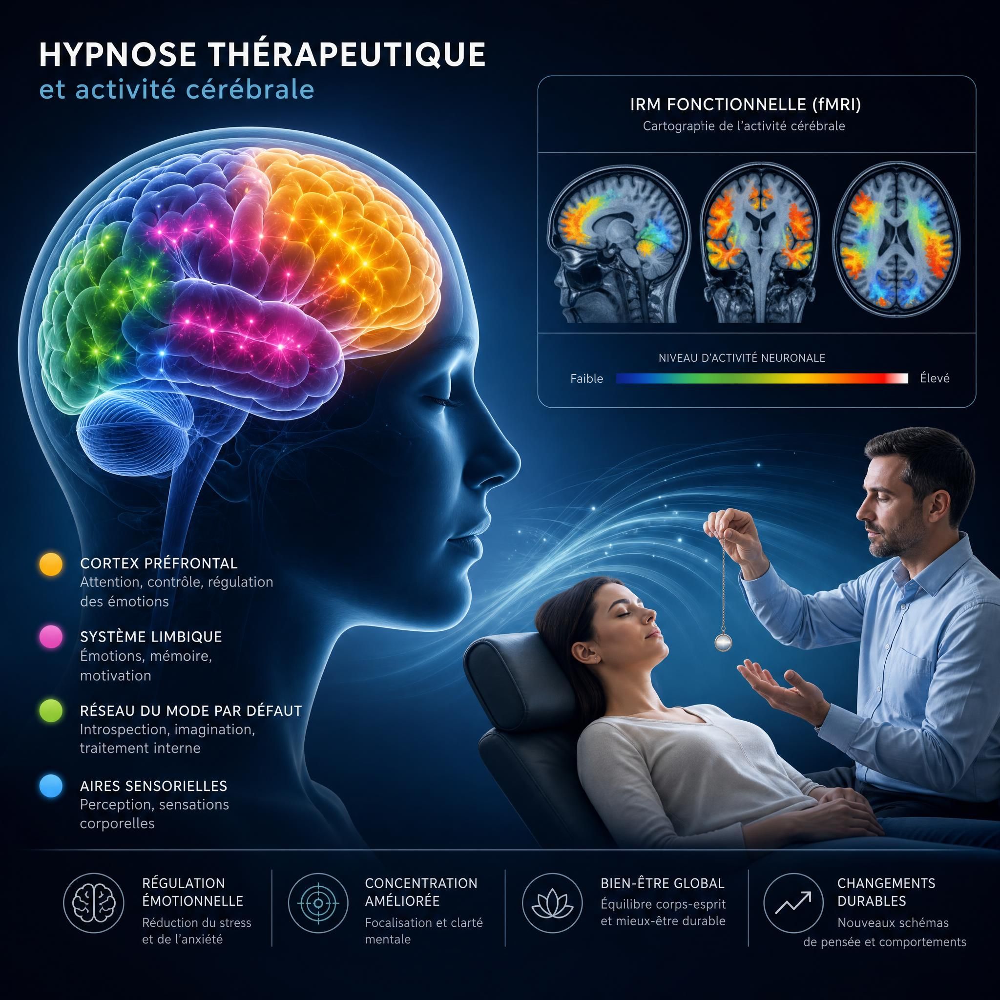 illustration cerveau humain avec zones d'activité neuronale colorées, représentation IRM fonctionnelle et hypnose thérapeutique