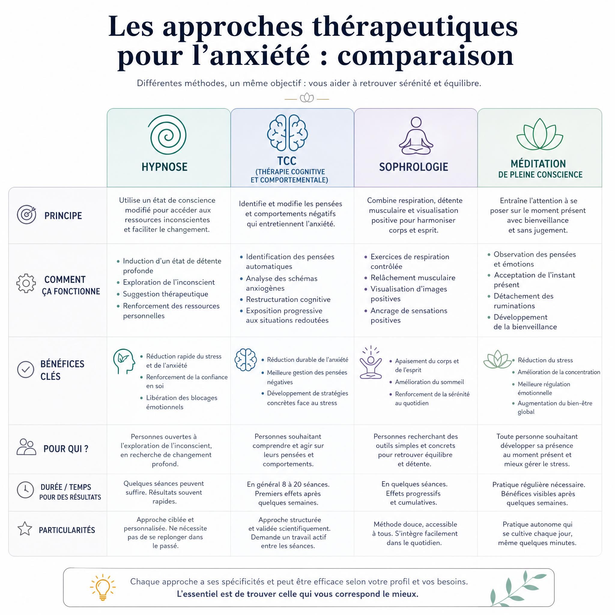 Tableau comparatif visuel des différentes approches thérapeutiques pour l'anxiété - hypnose, TCC, sophrologie, méditation