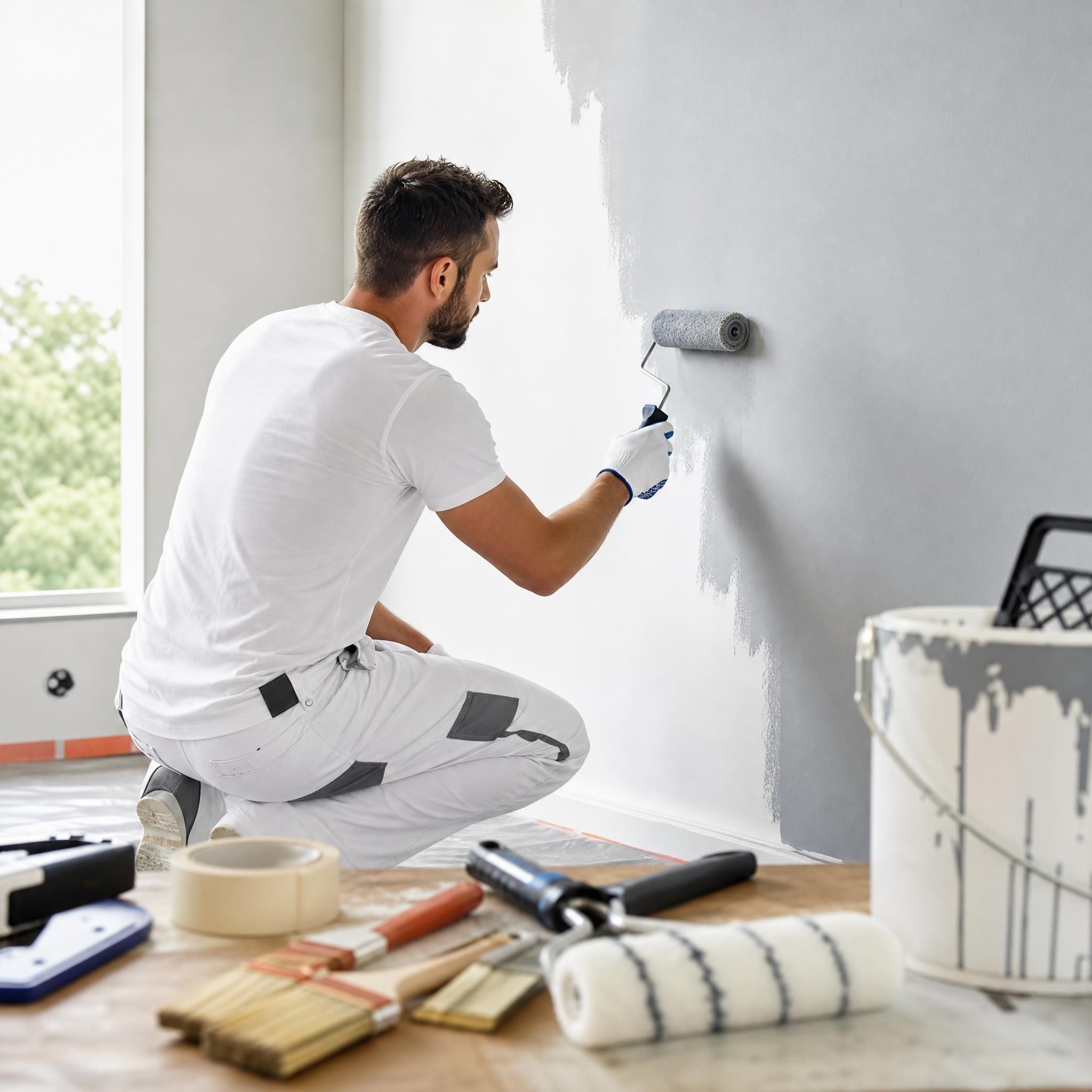 Artisan handyman en train de peindre un mur intérieur avec soin, outils professionnels au premier plan