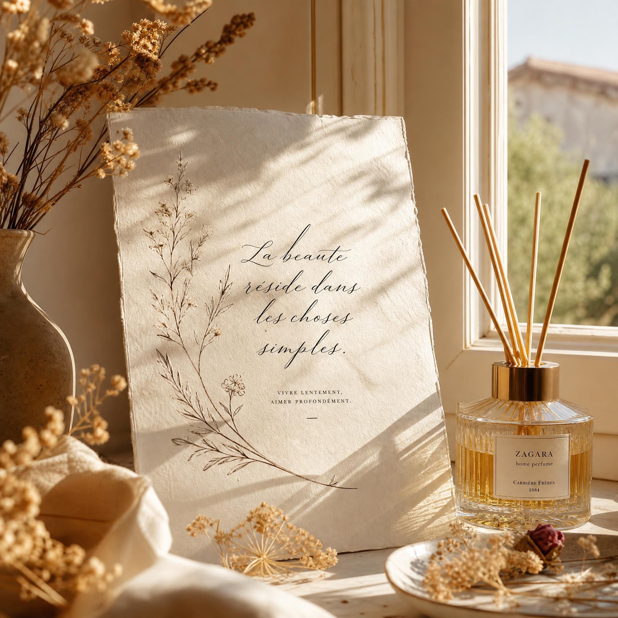 Warm golden Mediterranean light filtering through a window onto a calligraphed artwork on textured paper, surrounded by dried flowers and a glass perfume diffuser — evoking slow life and sensory beauty