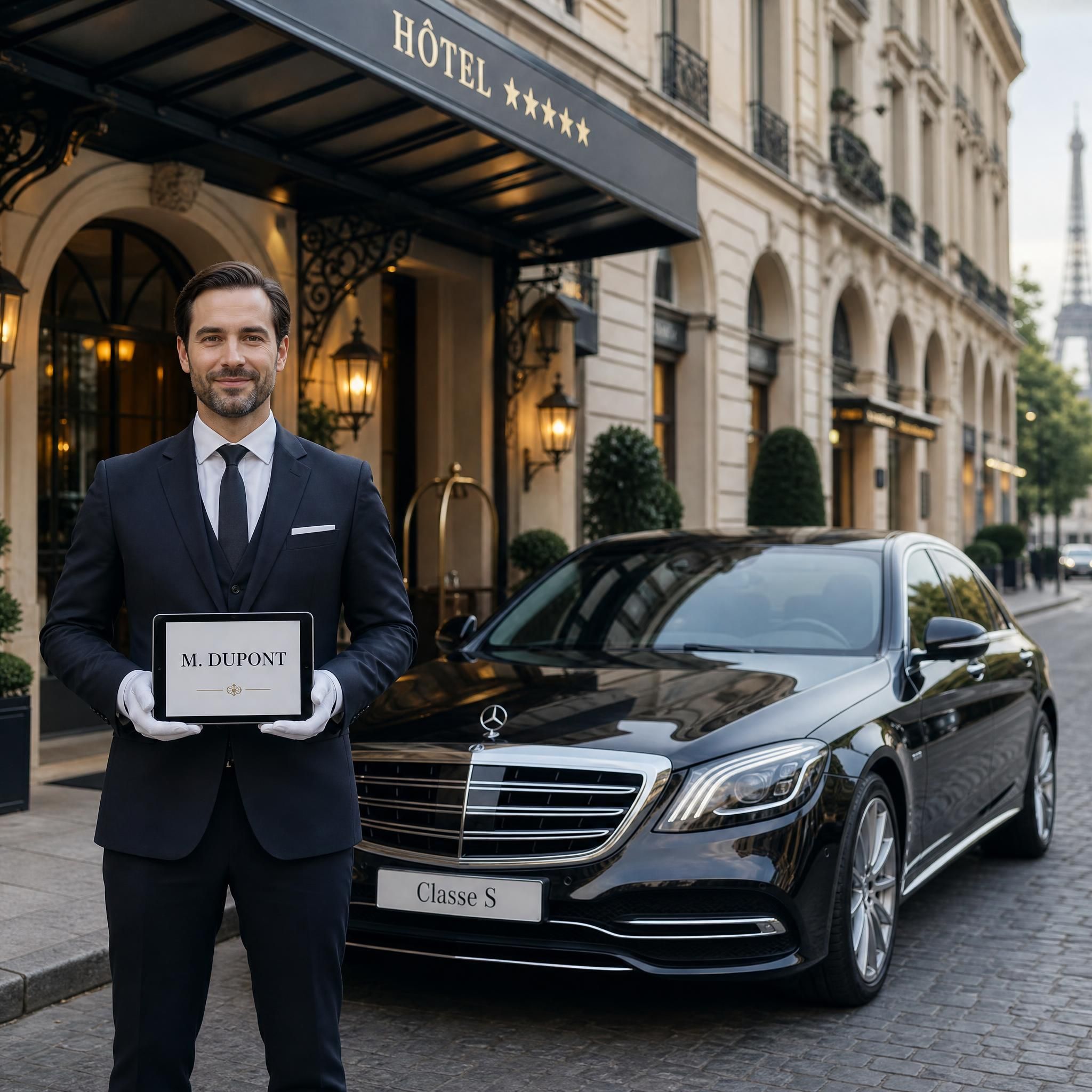 Chauffeur professionnel en costume sombre tenant une tablette nominative devant une Mercedes Classe S noire devant un hôtel 5 étoiles parisien