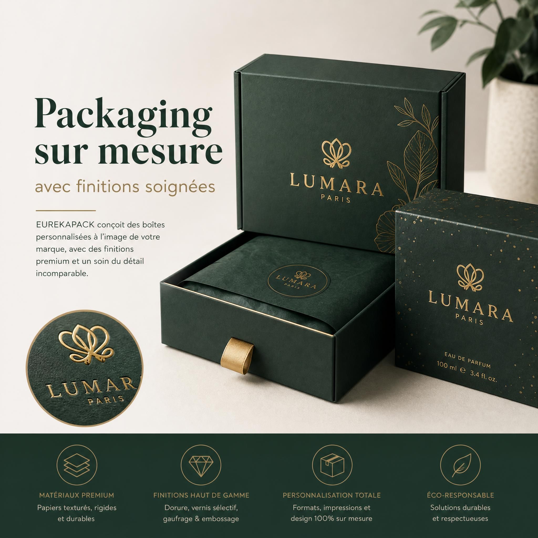 Packaging sur mesure avec finitions soignées — boîtes personnalisées EUREKAPACK aux couleurs d'une marque, avec dorure et textures premium