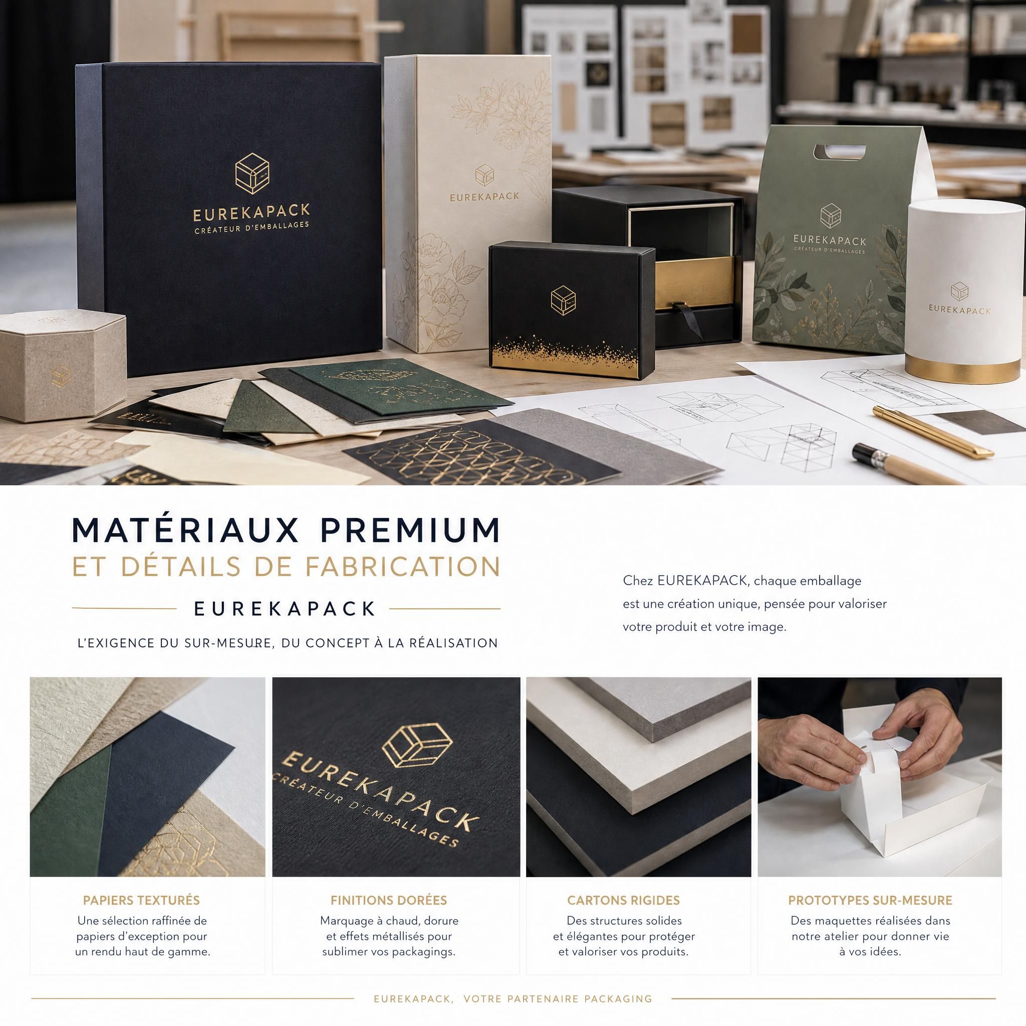 Matériaux premium et détails de fabrication EUREKAPACK — papiers texturés, finitions dorées, cartons rigides et prototypes d'emballages personnalisés en atelier
