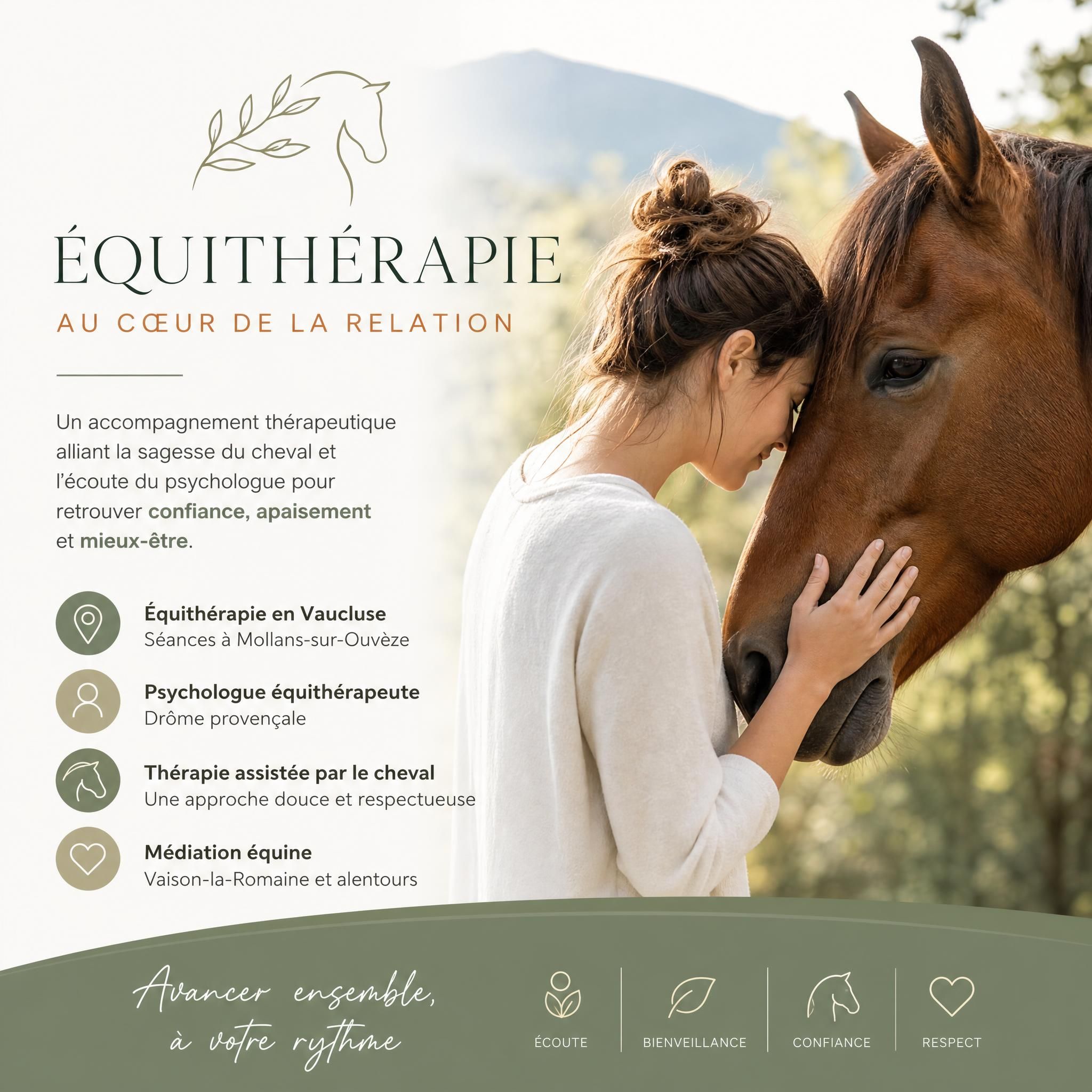 Équithérapie Vaucluse - Équithérapeute Mollans-sur-Ouvèze - Psychologue équithérapeute Drôme provençale - Thérapie assistée par le cheval - Médiation équine Vaison-la-Romaine