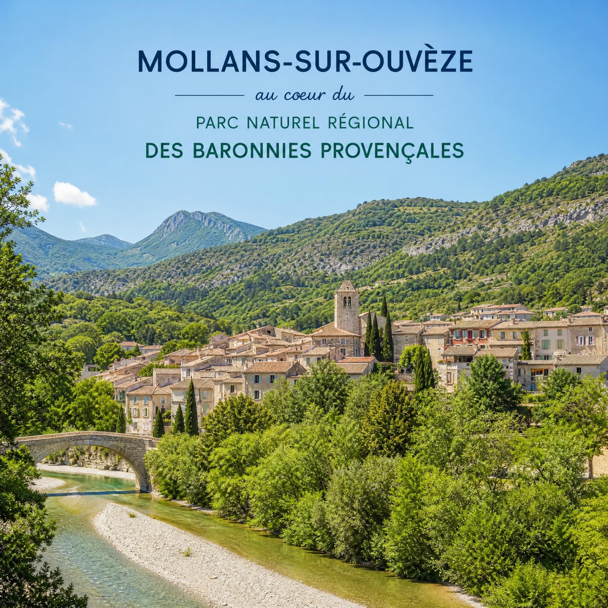 Paysage de Mollans-sur-Ouvèze au cœur du Parc naturel régional des Baronnies provençales, village provençal entouré de nature verdoyante et de collines