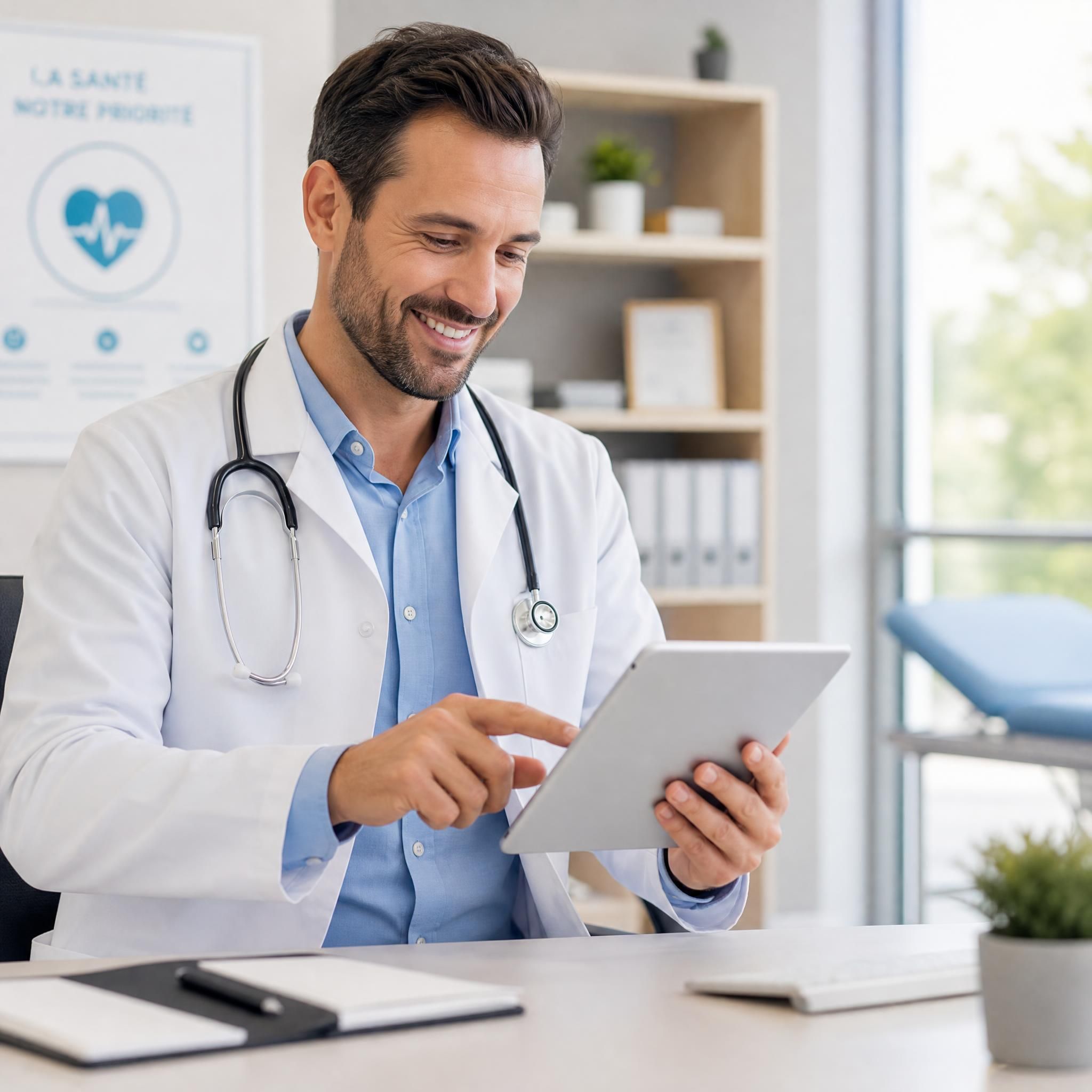 Médecin souriant consultant son agenda numérique sur tablette, cabinet médical lumineux en arrière-plan