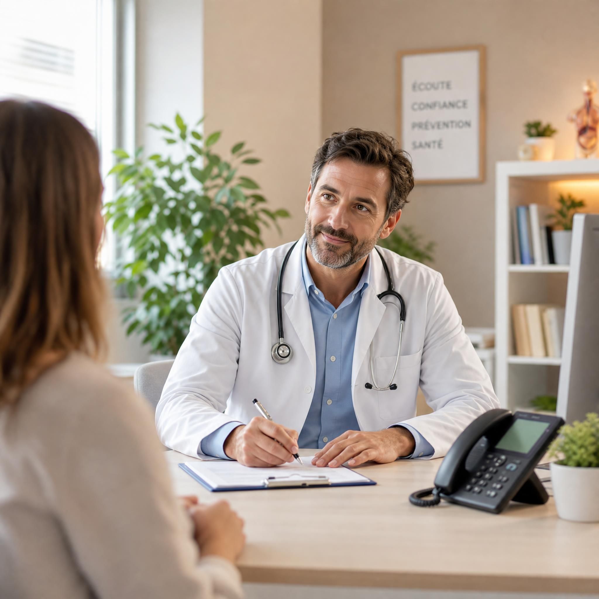 Médecin généraliste en consultation dans son cabinet, téléphone professionnel sur le bureau, ambiance chaleureuse et professionnelle