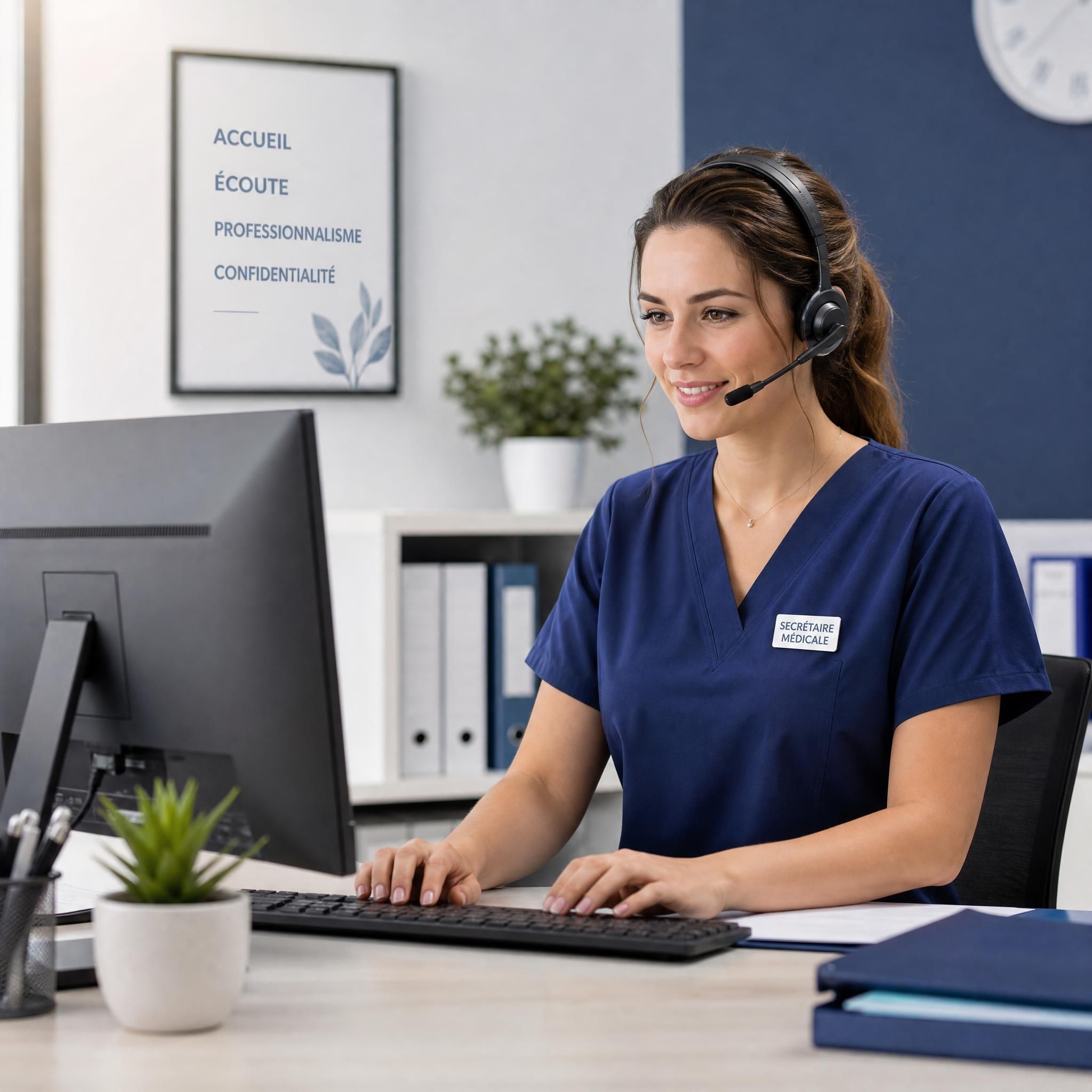 Secrétaire médicale professionnelle travaillant sur ordinateur avec casque téléphonique, bureau moderne et organisé