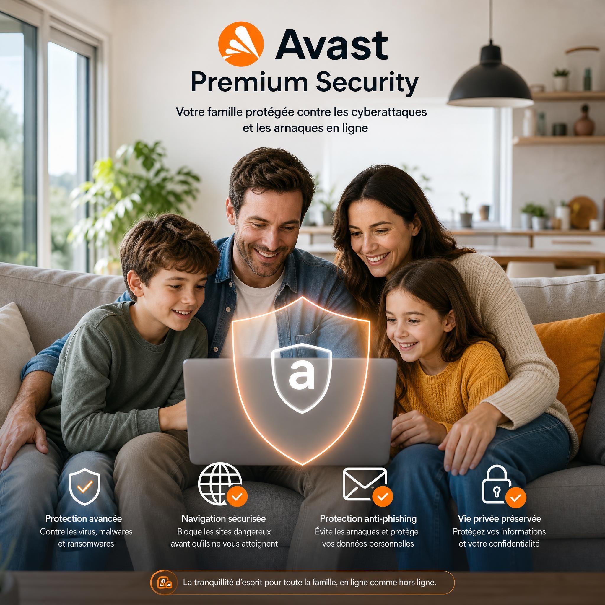 Famille française utilisant un ordinateur en sécurité à la maison, protégée par Avast Premium Security contre les cyberattaques et arnaques en ligne