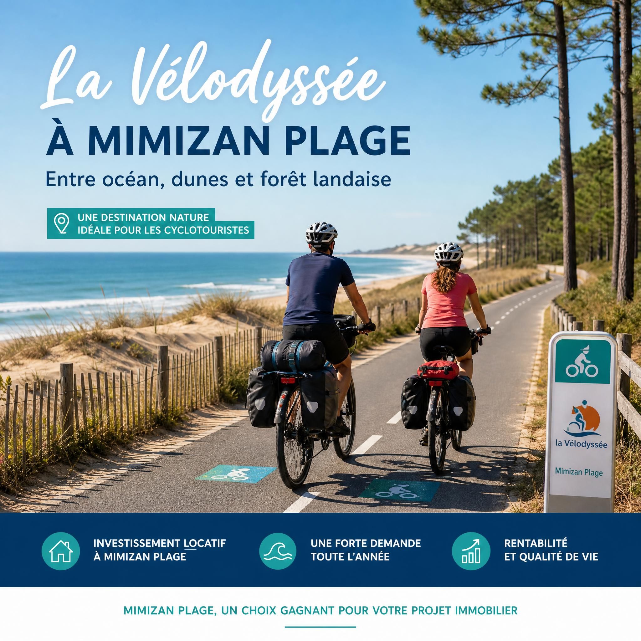 Cyclotouristes sur la Vélodyssée Mimizan Plage piste des dunes Landes investissement locatif - 1200x800px cyclotouristes-velodyssee-mimizan-plage-landes-2026.webp