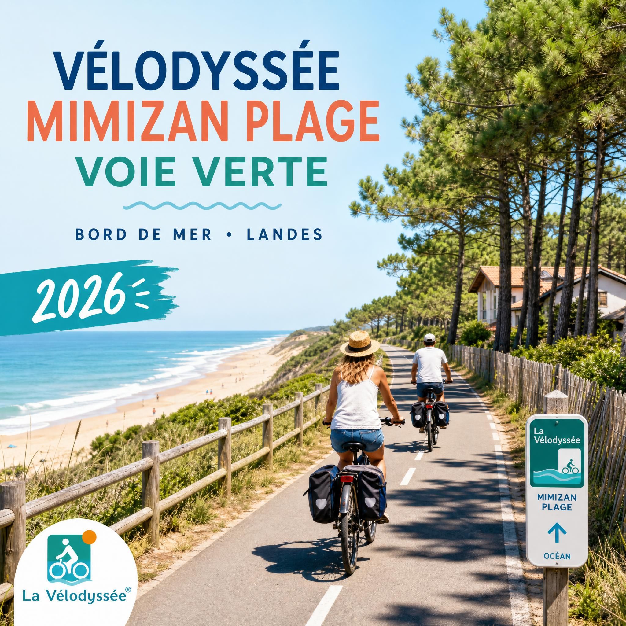 Piste cyclable voie verte Vélodyssée Mimizan Plage bord de mer Landes 2026 - bannière 1600x900px velodyssee-mimizan-plage-voie-verte-2026.webp