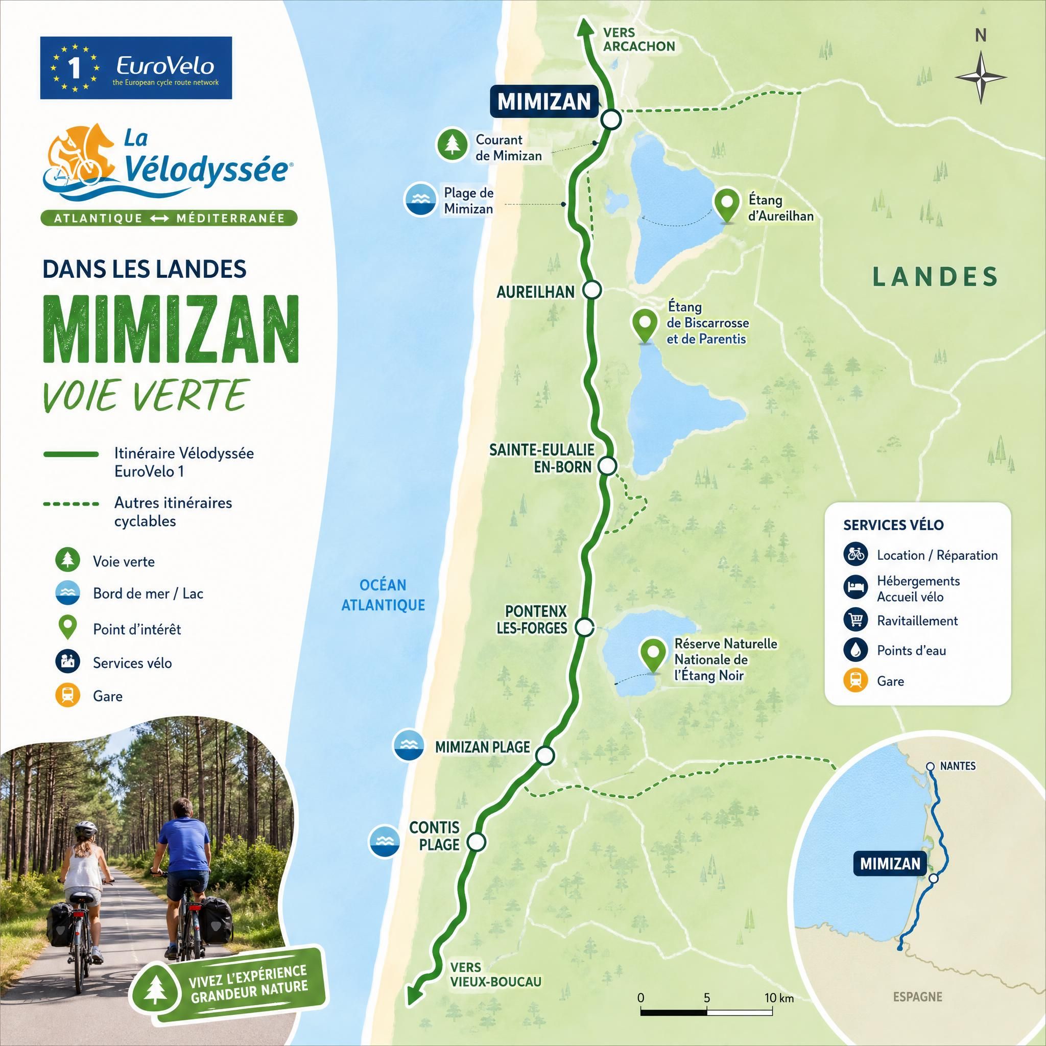 Carte tracé Vélodyssée EuroVelo 1 dans les Landes Mimizan voie verte itinéraire - 1200x800px carte-velodyssee-landes-mimizan-eurovelo1-2026.webp
