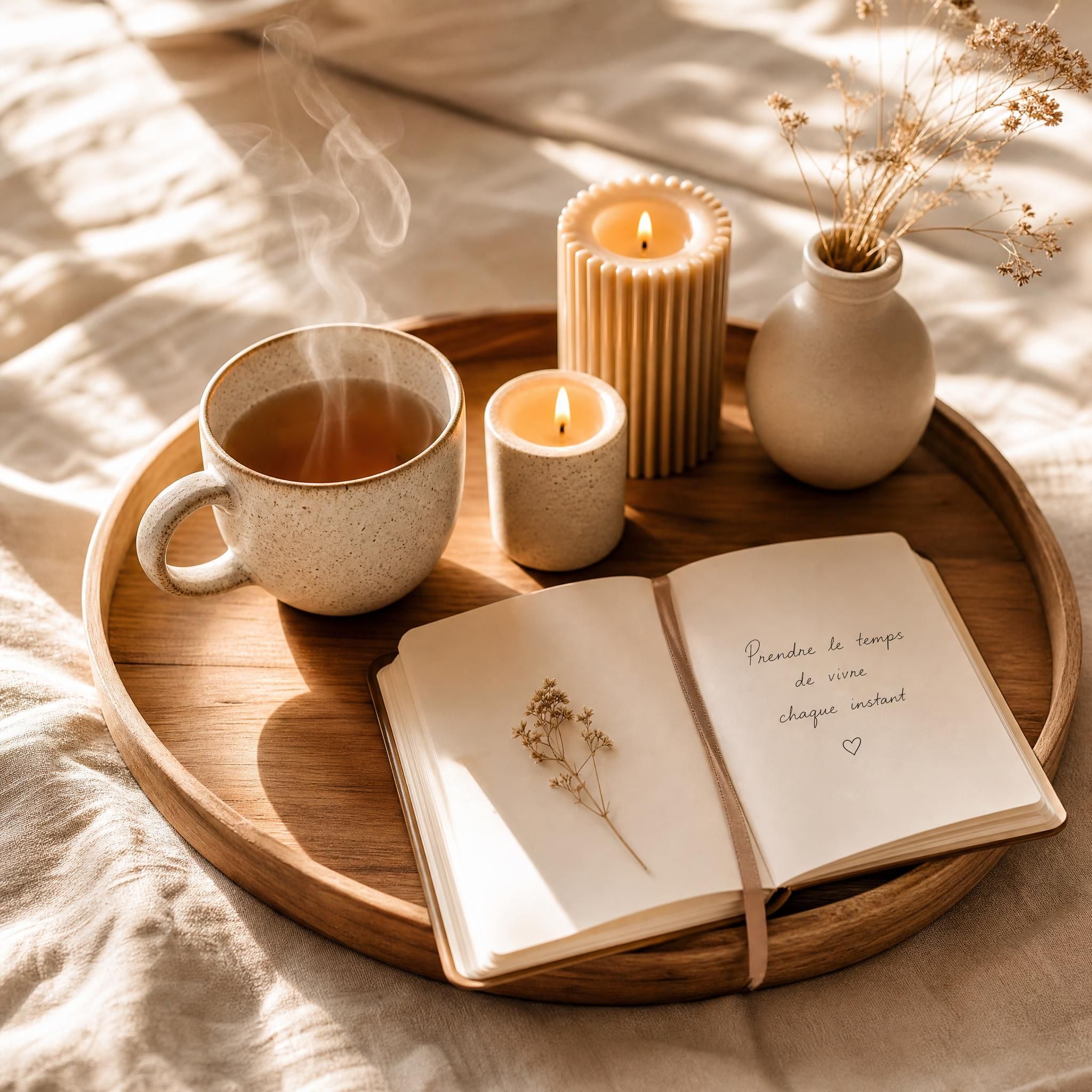 Plateau en bois naturel avec tasse de tisane fumante, bougies en cire naturelle et carnet ouvert sur fond de tissu en lin beige, lumière chaude dorée, esthétique slow living