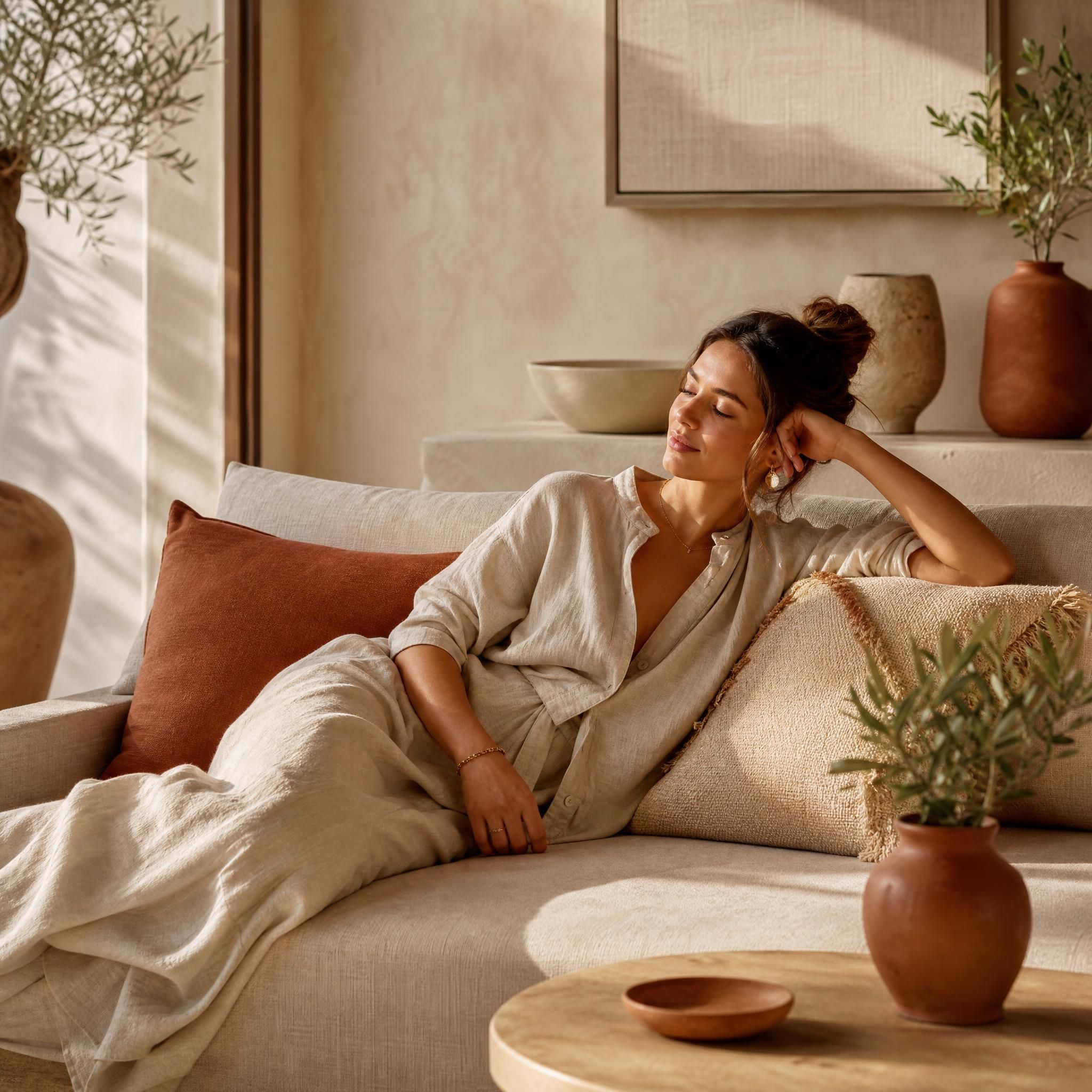 Femme sereine allongée dans un intérieur chaleureux aux tons sable et terracotta, lumière naturelle dorée, tissu en lin, atmosphère slow living et quiet luxury