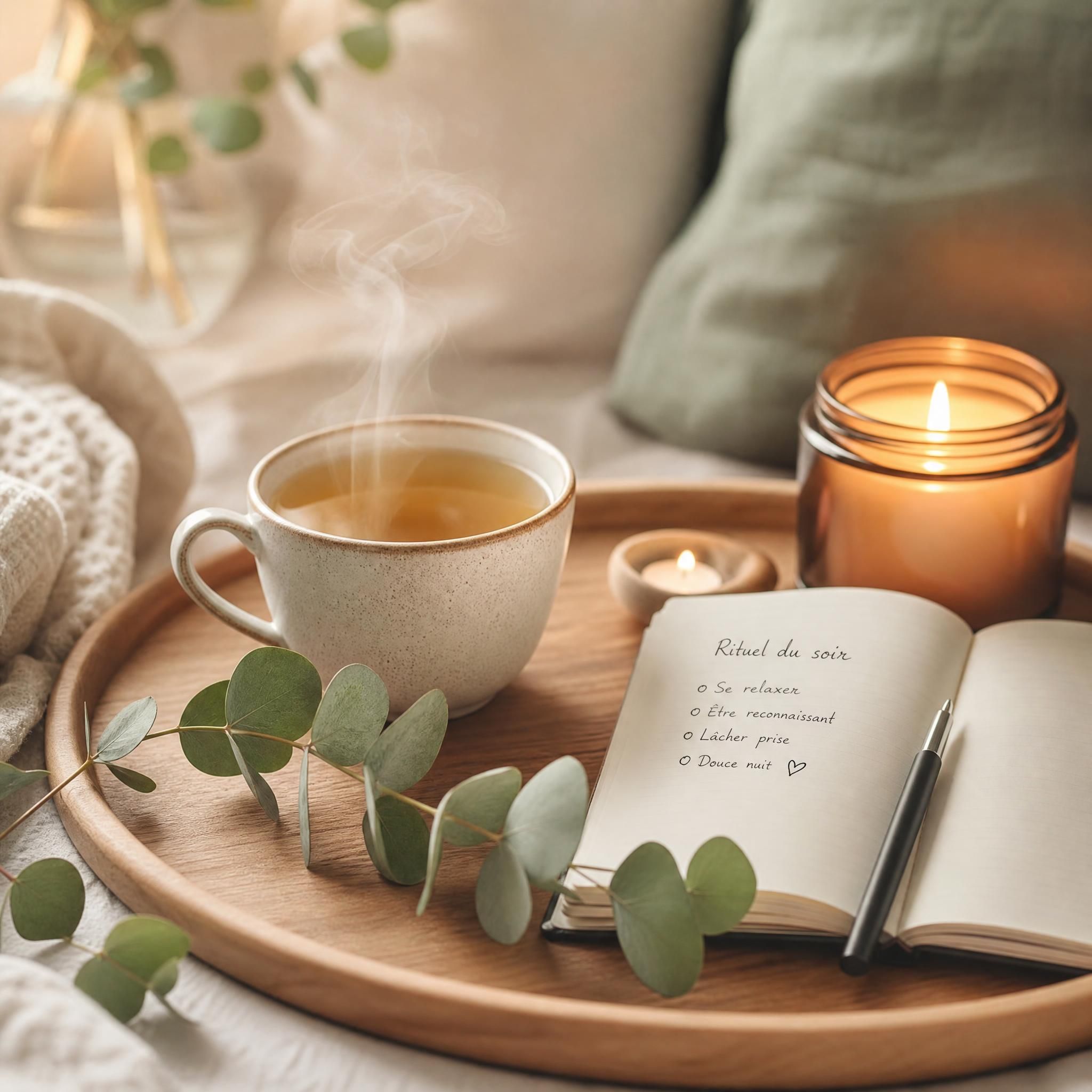 Plateau en bois naturel avec tasse de tisane vaporeuse, carnet ouvert, branche d'eucalyptus et lumière de bougie, atmosphère rituel du soir slow living