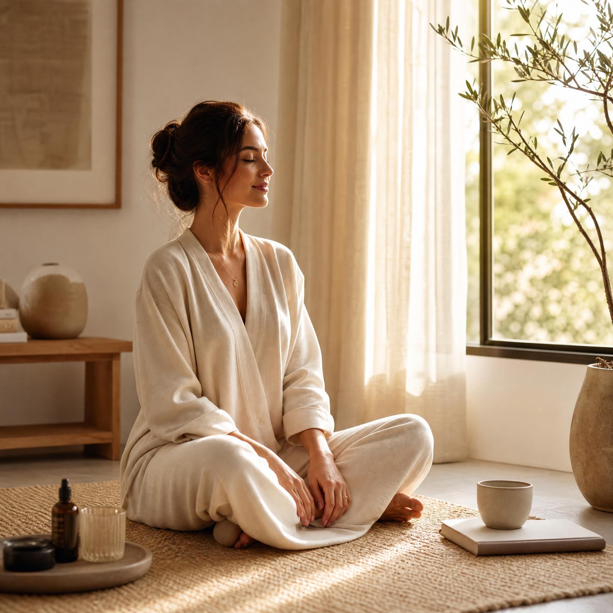 Femme sereine en tenue crème assise en tailleur sur un tapis en lin, lumière dorée du matin filtrant par une fenêtre, ambiance slow living et quiet luxury
