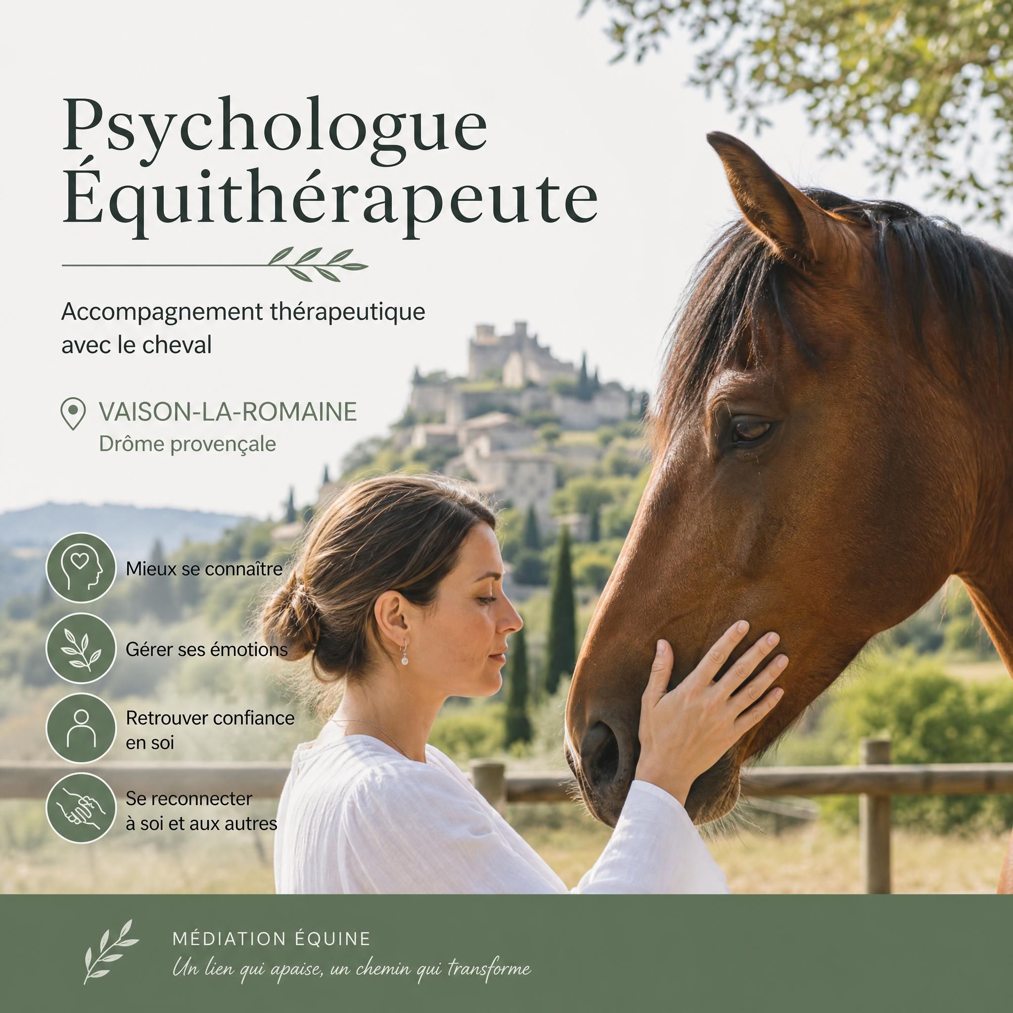 Psychologue équithérapeute avec cheval à Vaison-la-Romaine, séance de médiation équine en Drôme provençale