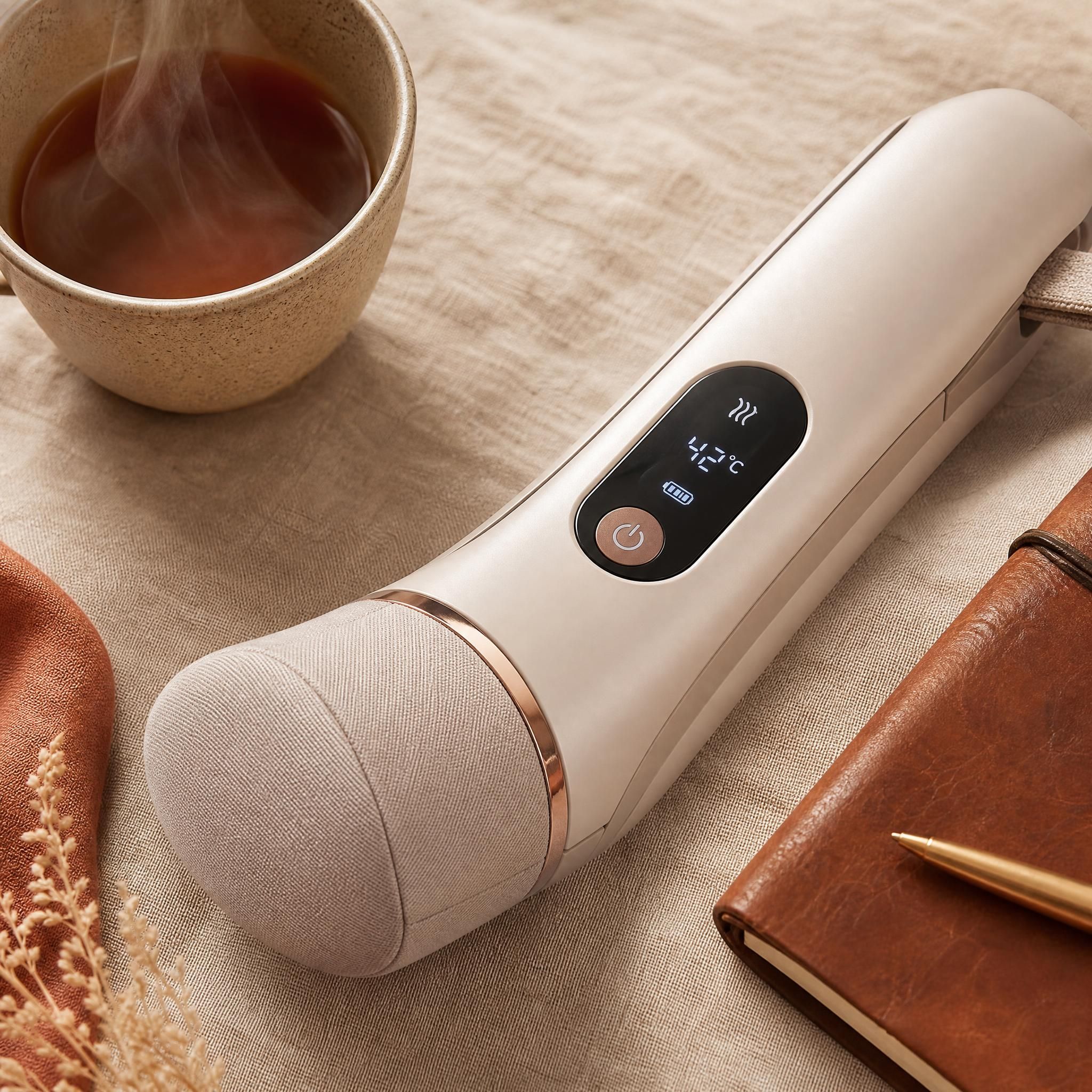 Gros plan sur les détails d'un soin thermique portable posé sur une surface en lin naturel, aux côtés d'une tasse de thé fumante et d'un carnet en cuir, tons sable et terracotta