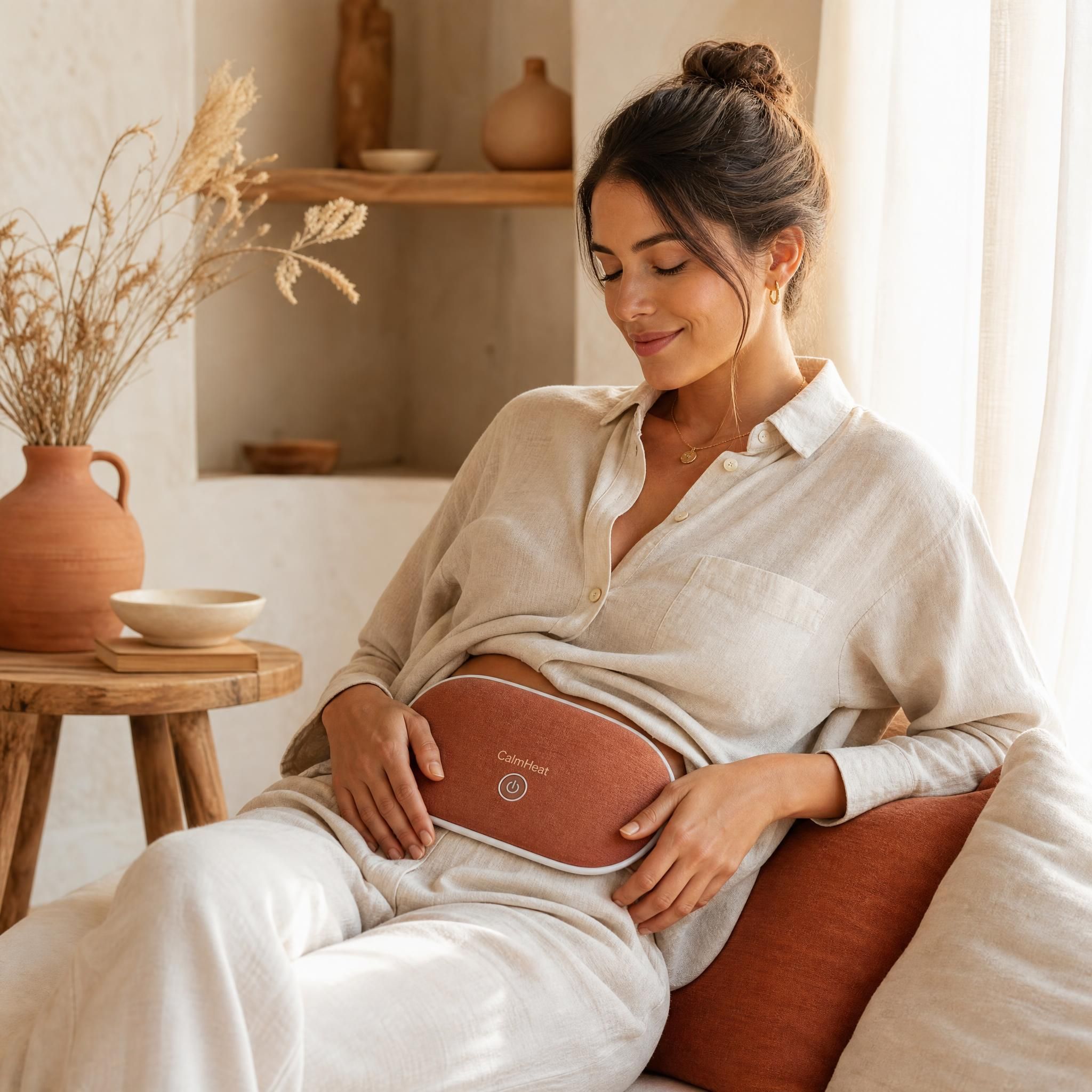 Femme sereine en tenue en lin crème, appliquant un soin thermique portable sur son ventre, lumière naturelle dorée, tons sable et terracotta, ambiance slow living