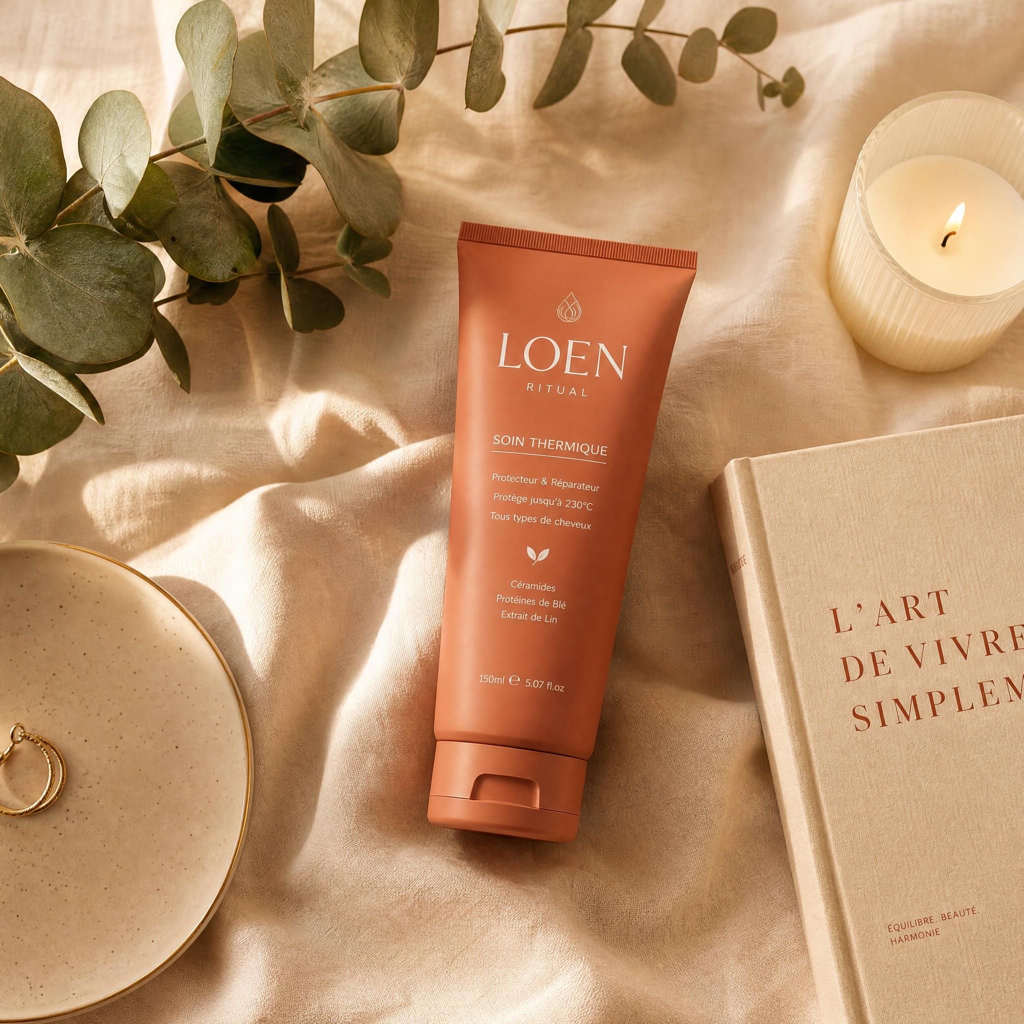 Flat lay élégant avec le soin thermique LOEN RITUAL posé sur un drap en lin naturel, entouré d'une branche d'eucalyptus, d'une bougie ivoire et d'un livre, lumière dorée du matin, palette sable et terracotta