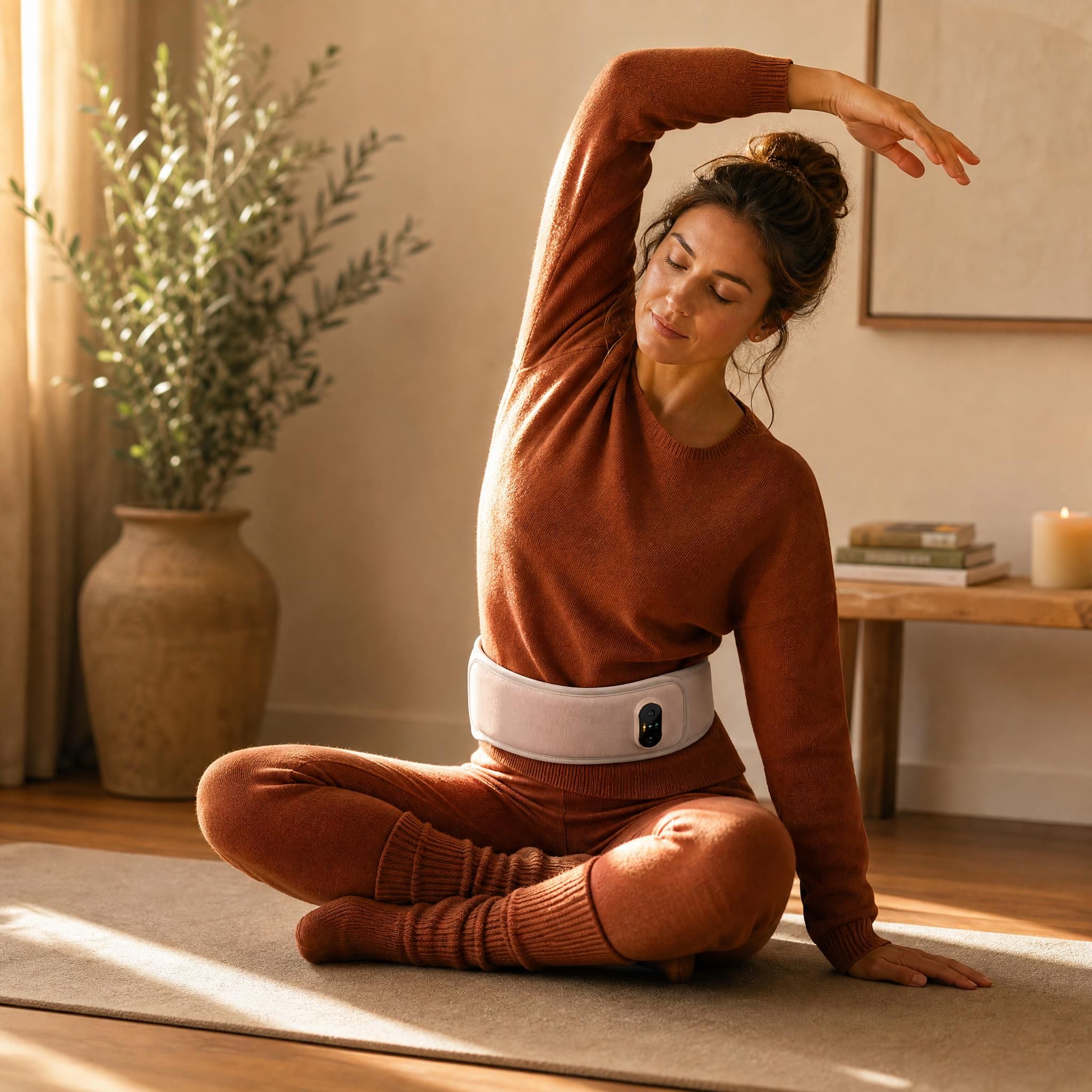 Femme en tenue en cachemire terracotta pratiquant des étirements doux sur un tapis en lin, lumière dorée du matin, atmosphère sereine et intime, soin thermique portable visible à la taille