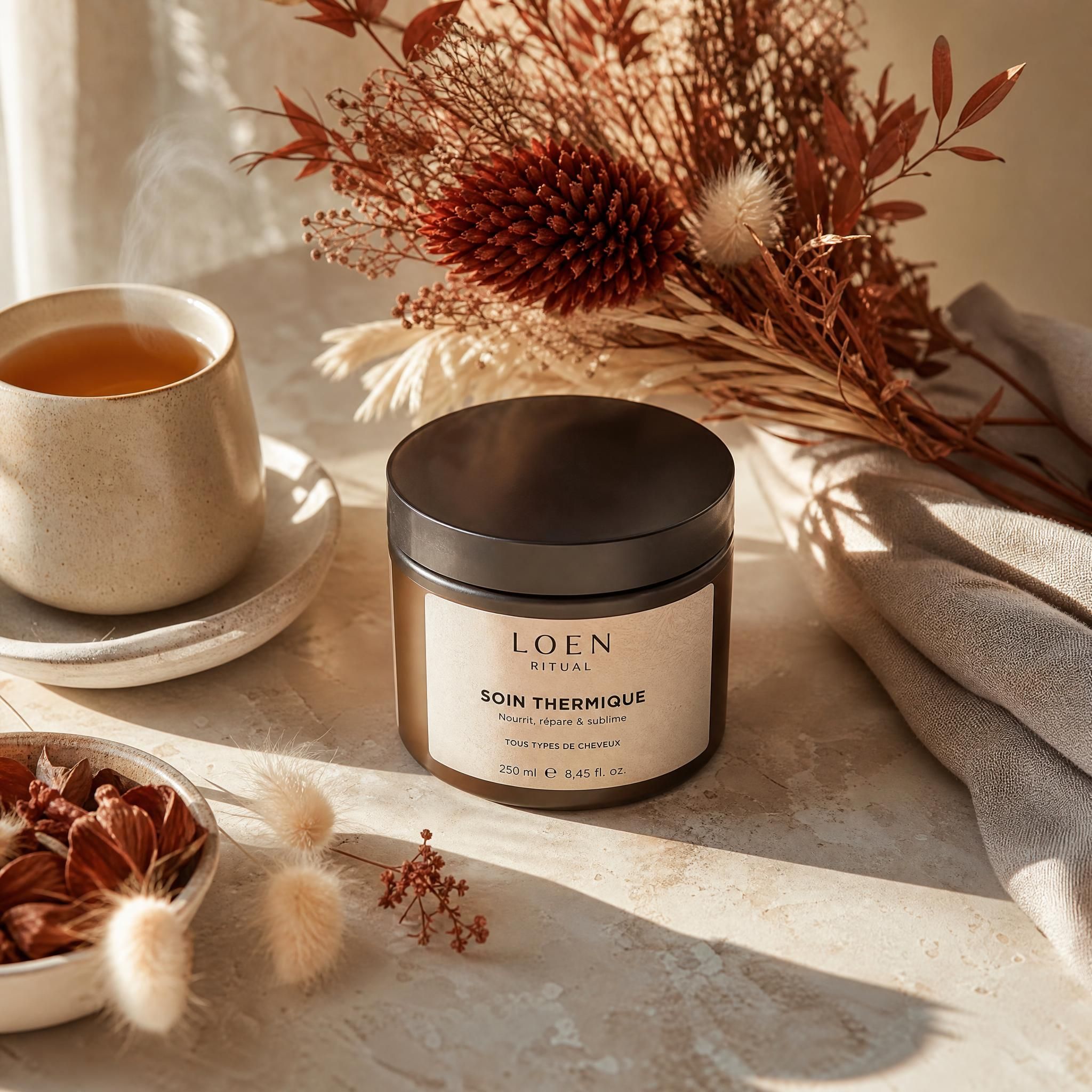 Soin thermique LOEN RITUAL posé sur une surface en marbre sable, entouré de fleurs séchées terracotta et d'une tasse d'infusion fumante, lumière naturelle dorée, esthétique quiet luxury