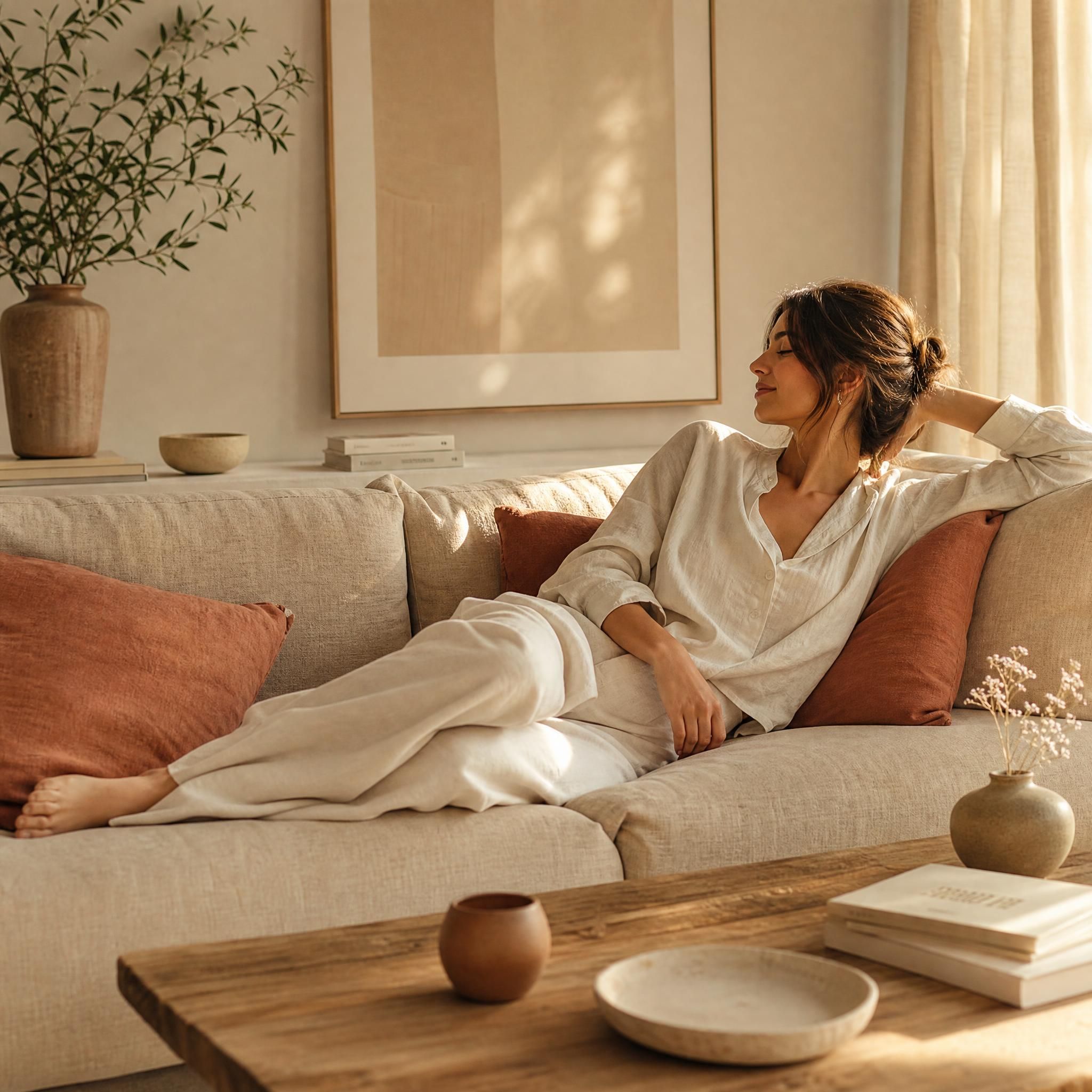 Femme sereine allongée sur un canapé en lin beige, lumière dorée naturelle, tons sable et terracotta, ambiance slow living et quiet luxury