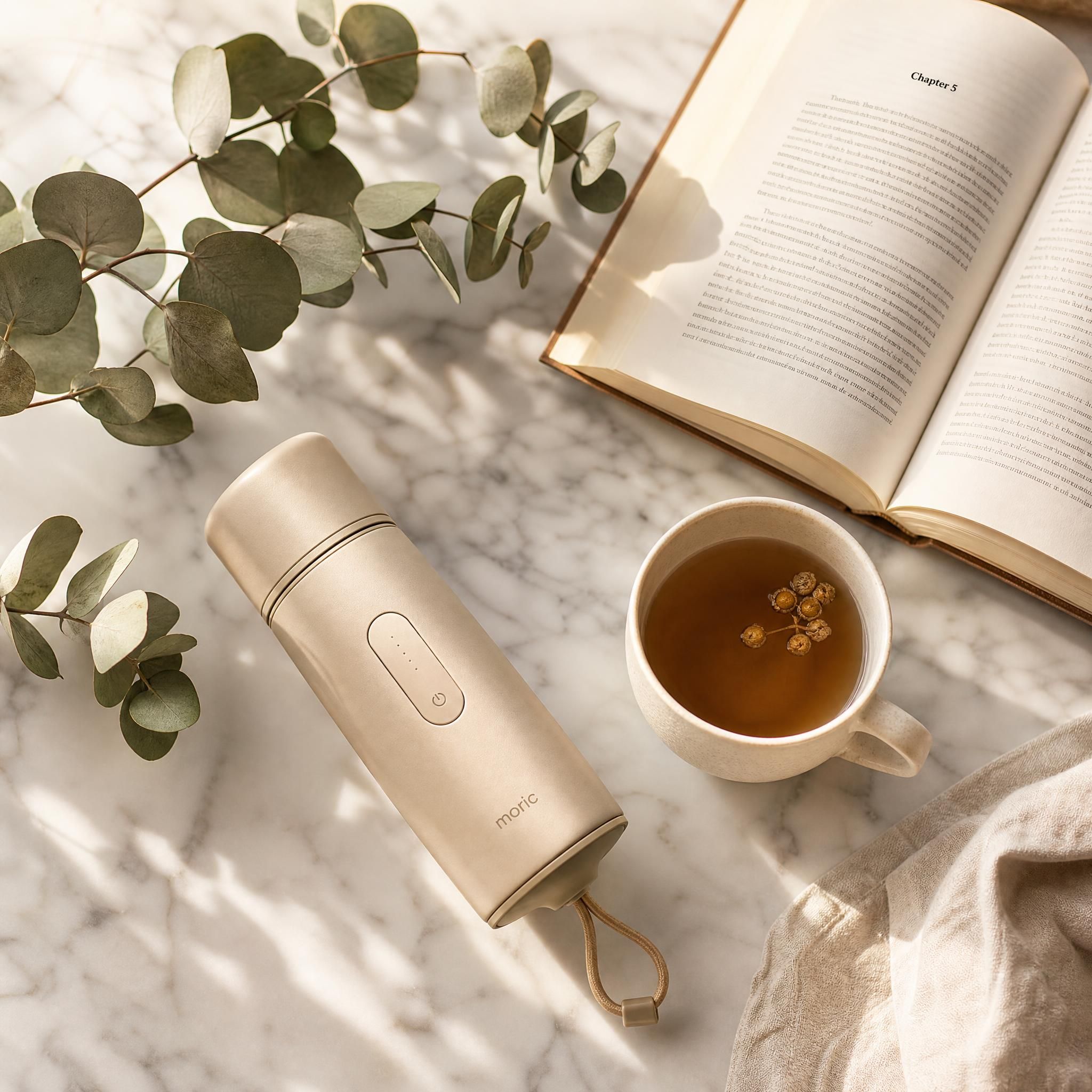 Flatlay élégant sur surface en marbre blanc : soin thermique portable couleur sable, tisane dans une tasse en céramique crème, livre ouvert, branche d'eucalyptus, lumière dorée naturelle, esthétique quiet luxury