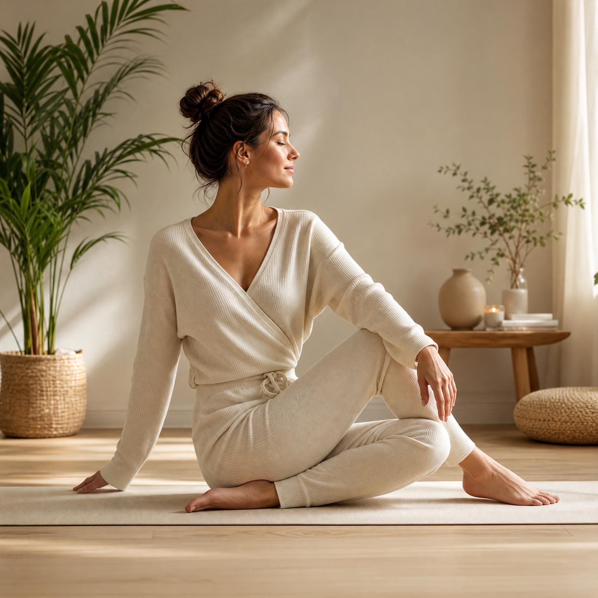 Femme en tenue confortable couleur crème pratiquant une posture de yoga douce, sol en bois clair, plante verte, lumière naturelle tamisée, atmosphère sereine et slow living