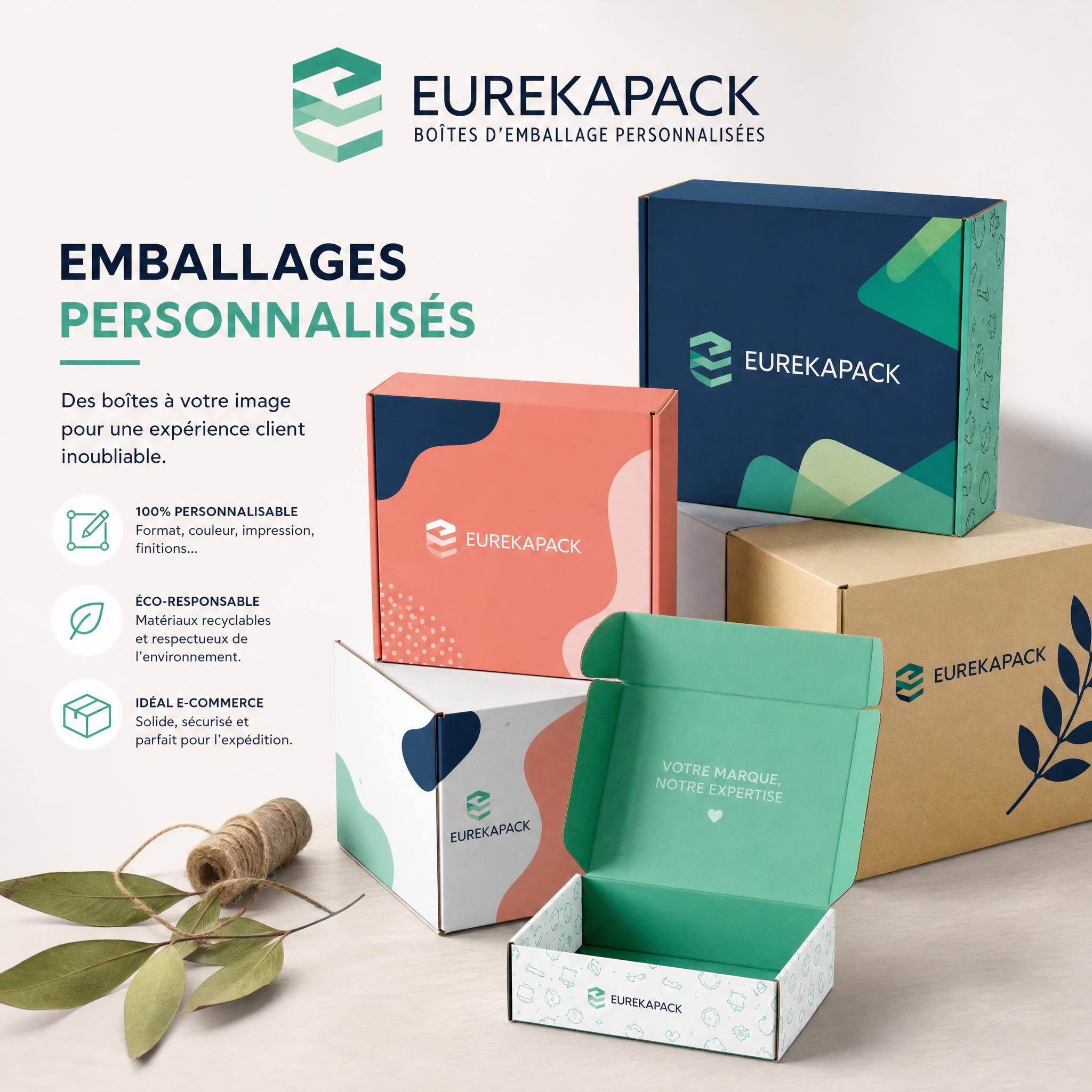Boîtes d'emballage personnalisées EUREKAPACK avec logo de marque, packaging e-commerce moderne et coloré sur fond épuré