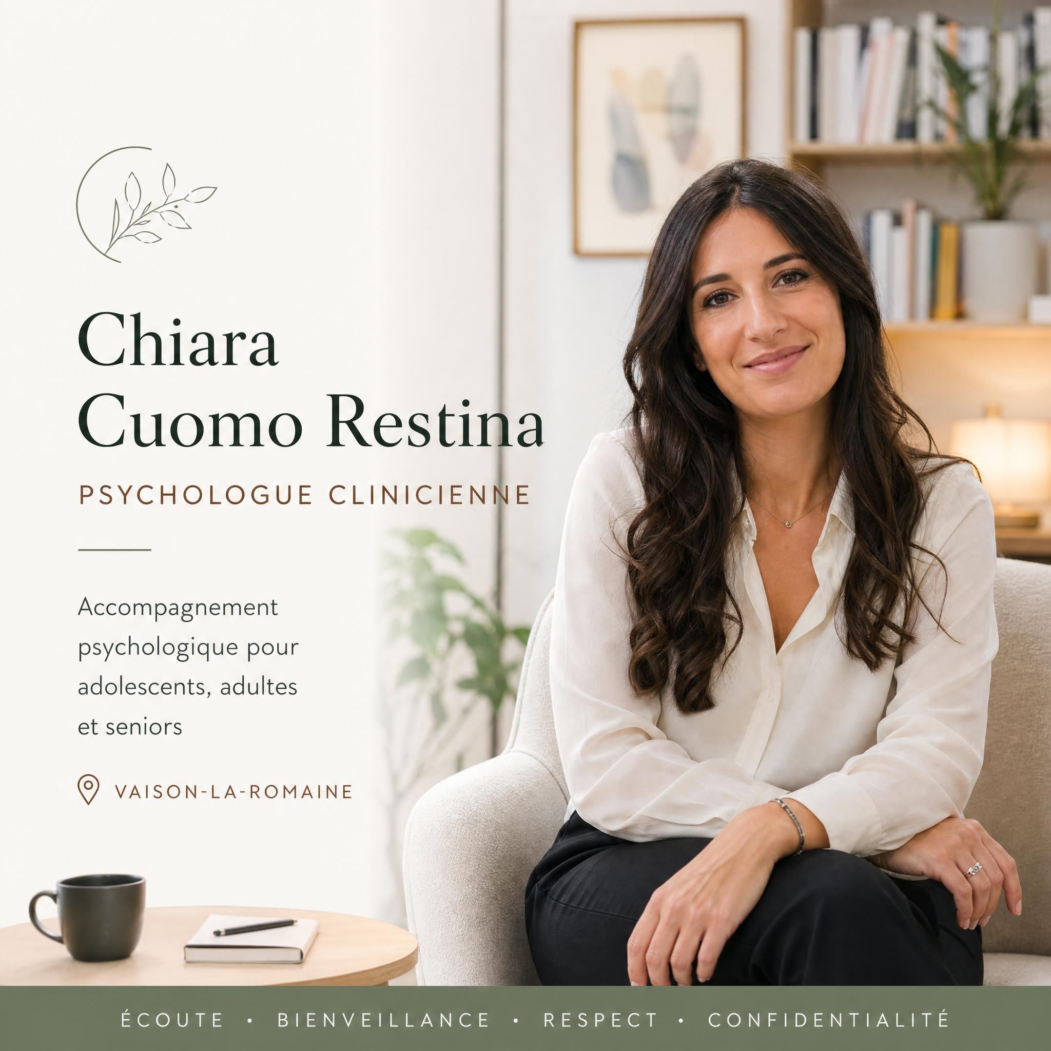Chiara Cuomo Restina, psychologue clinicienne à Vaison-la-Romaine, portrait professionnel chaleureux