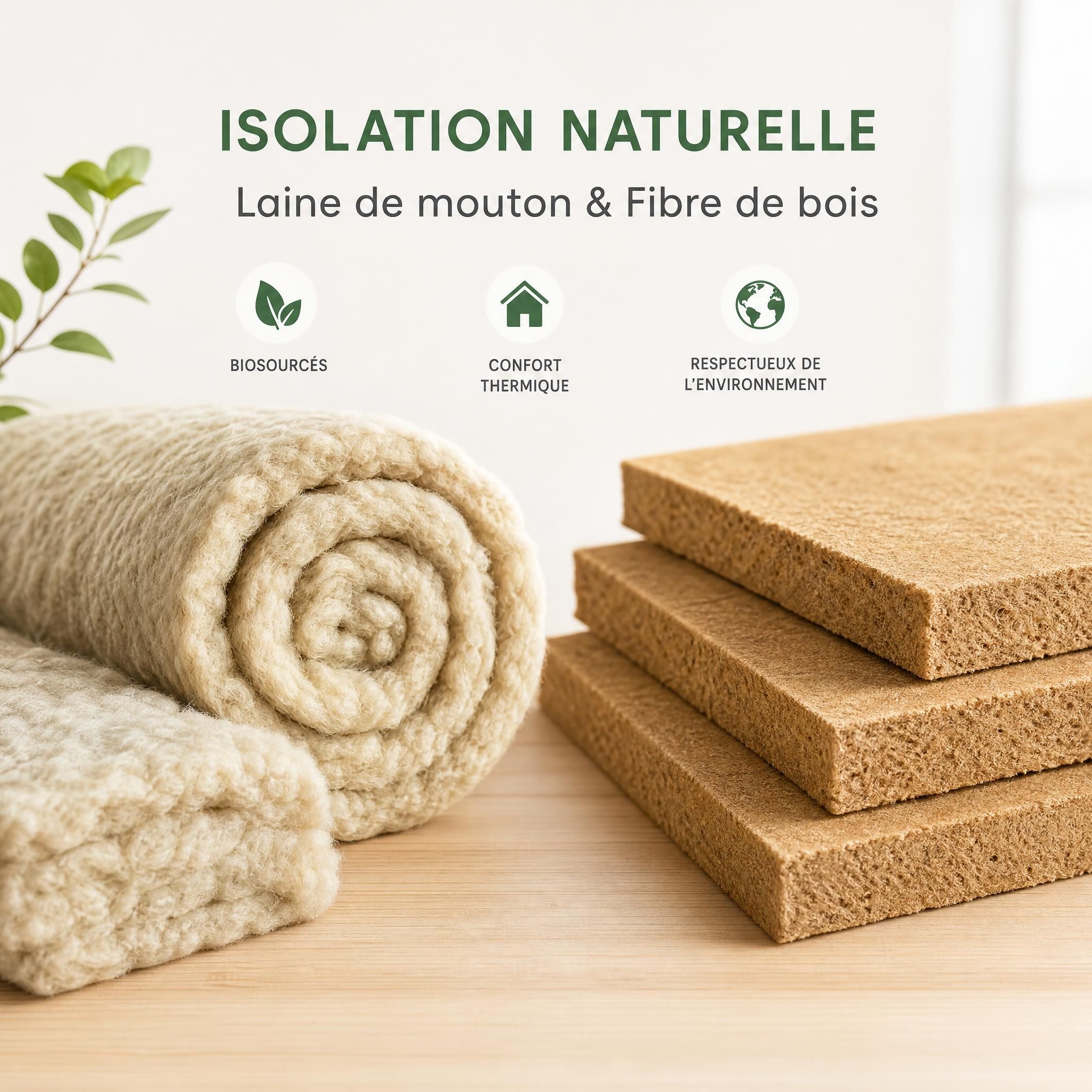 Rouleaux de laine de mouton et panneaux de fibre de bois côte à côte, matériaux isolants naturels biosourcés