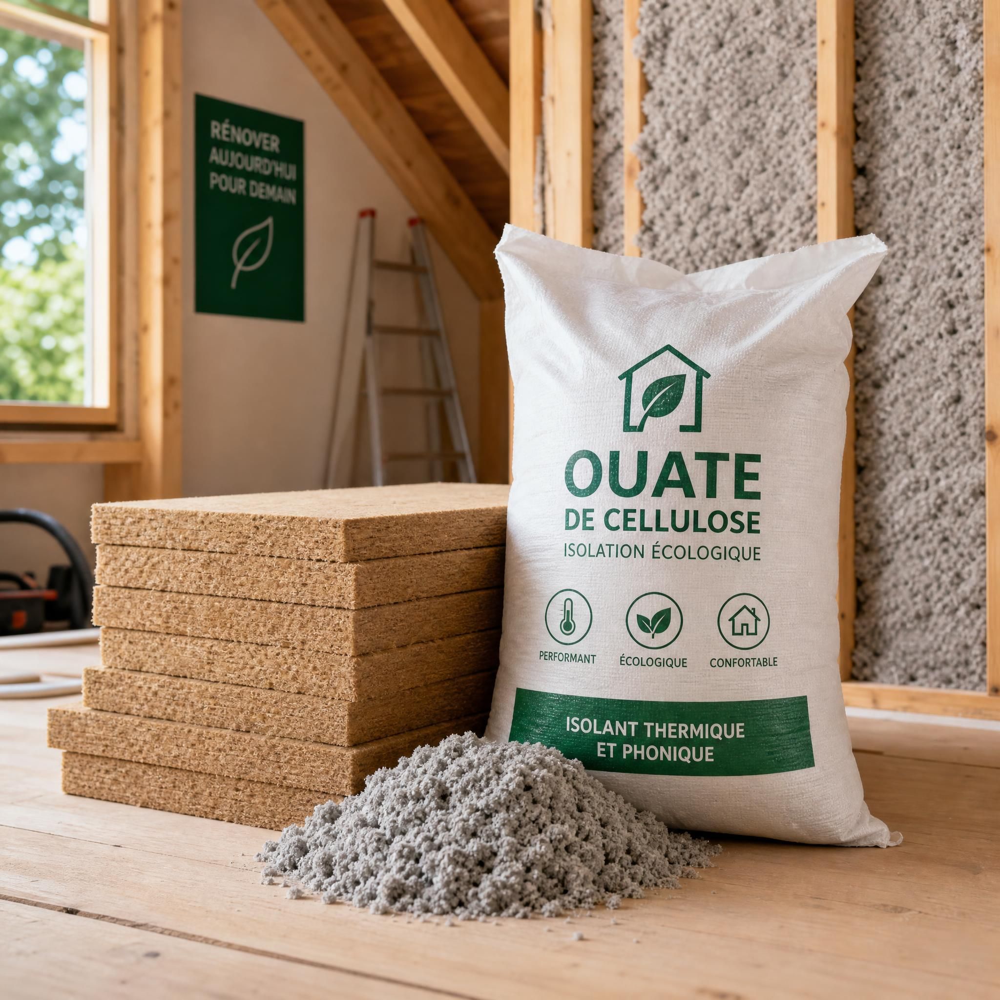 Panneau de fibre de bois et sac de ouate de cellulose en vrac sur un chantier de rénovation écologique