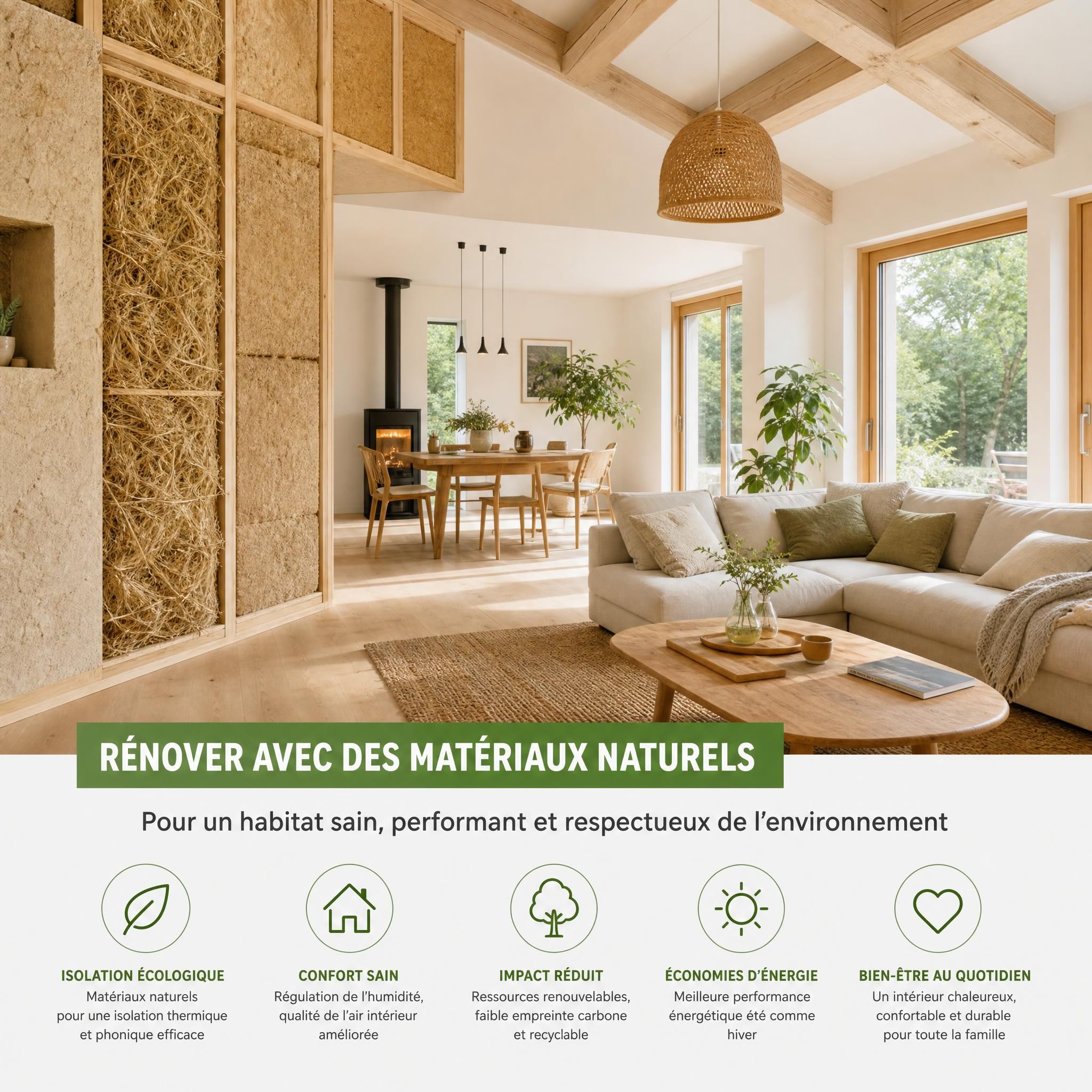 Maison rénovée avec des matériaux isolants naturels écologiques, vue intérieure lumineuse et confortable