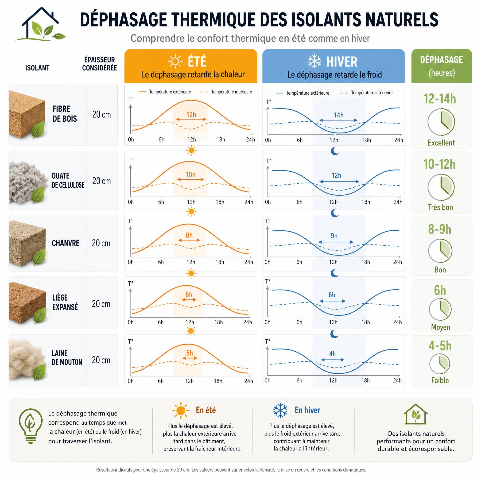 Schéma pédagogique comparant le déphasage thermique de différents isolants naturels en été et en hiver