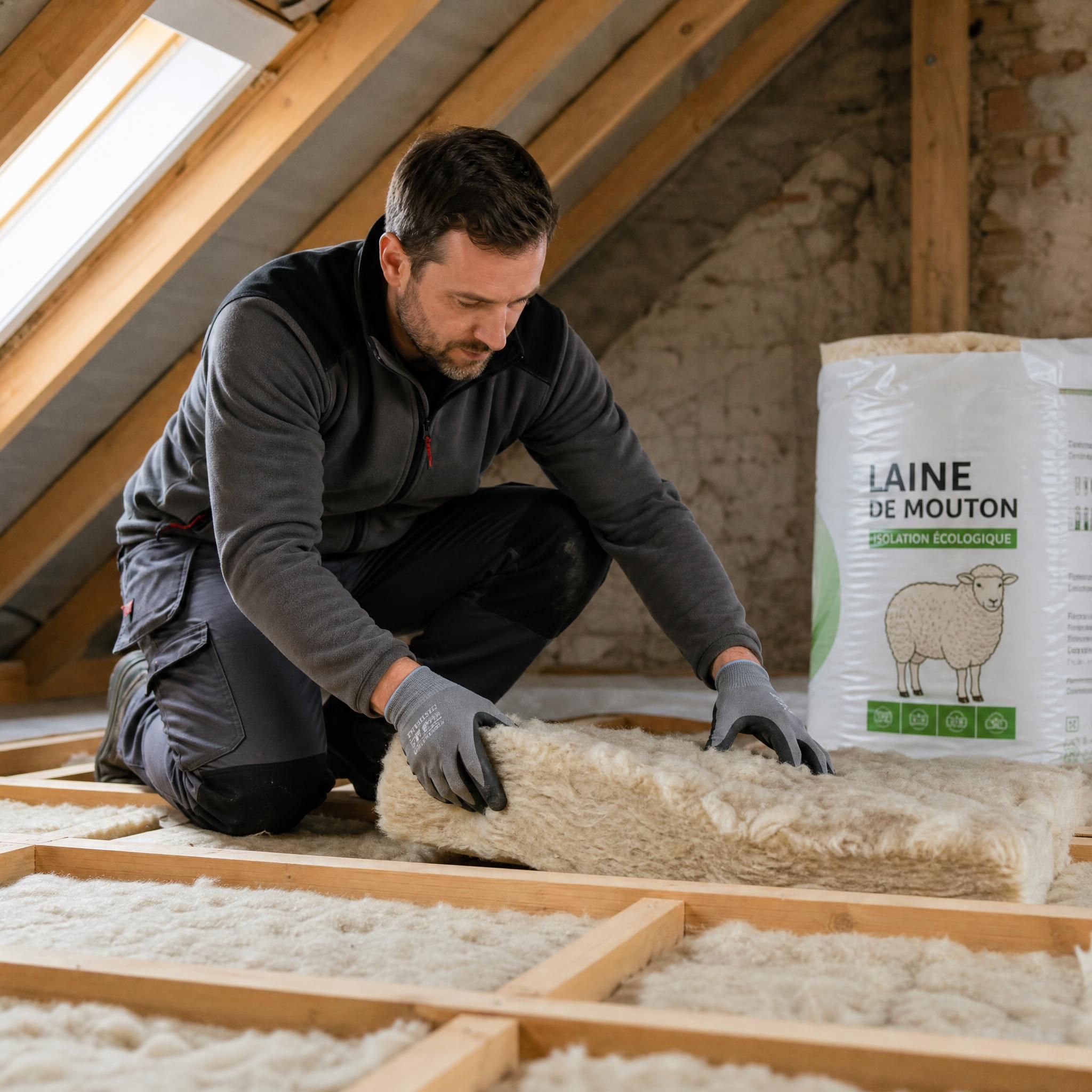 Artisan professionnel posant de l'isolation écologique en laine de mouton dans les combles d'une maison en rénovation
