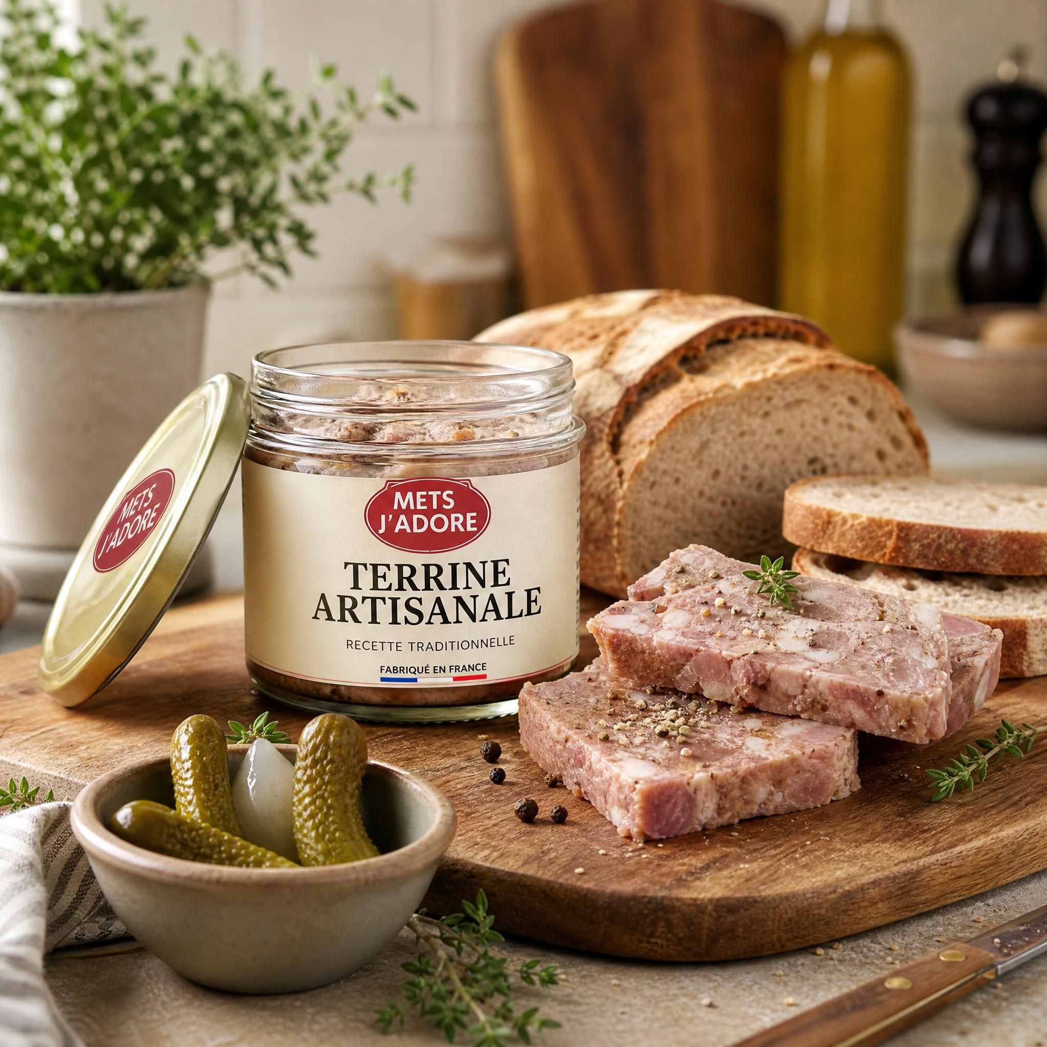 Terrine artisanale Mets J'adore ouverte sur une planche en bois avec du pain de campagne et des cornichons, dans une cuisine conviviale