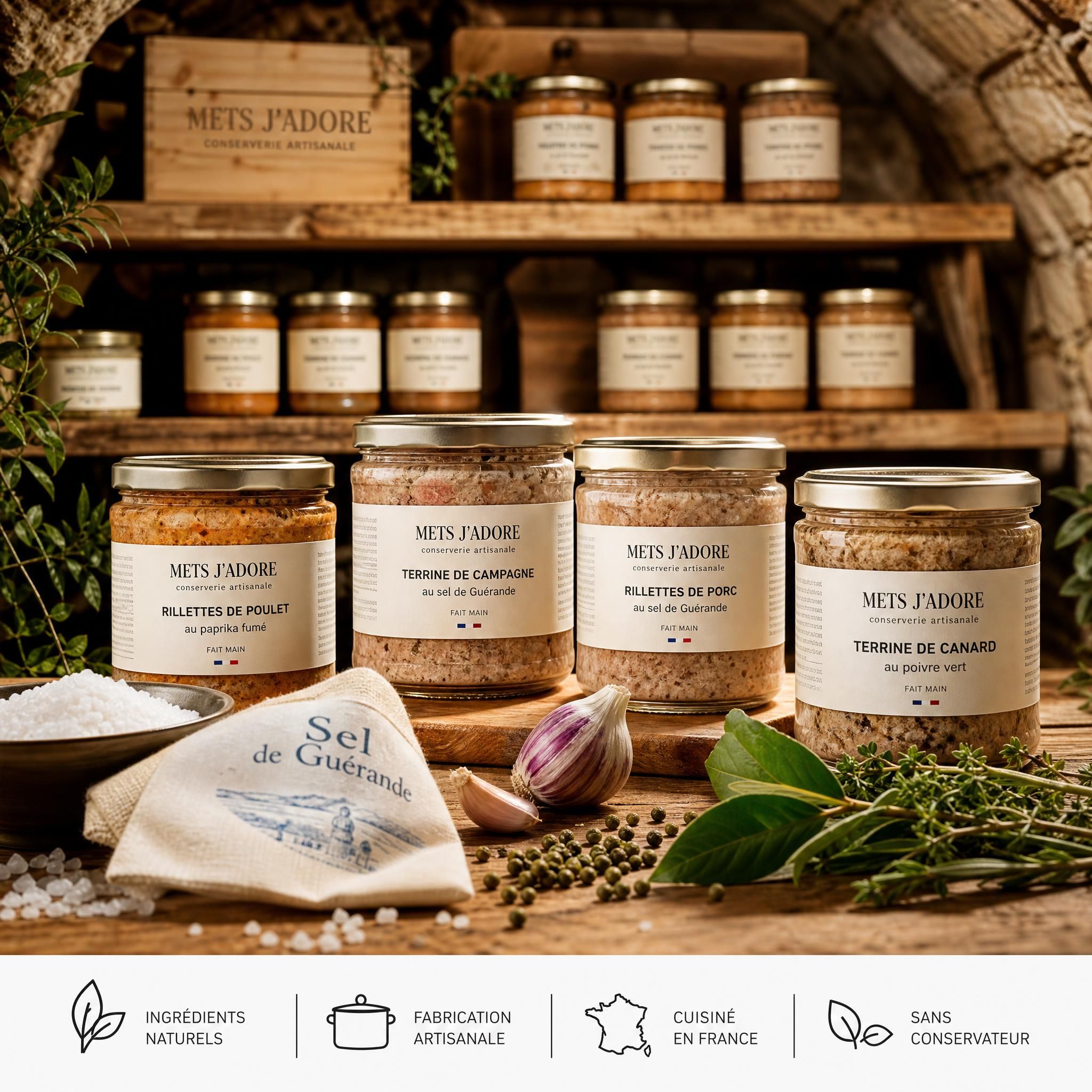 Bocaux Mets J'adore rangés dans une cave artisanale avec étiquettes visibles, sel de Guérande et ingrédients naturels au premier plan