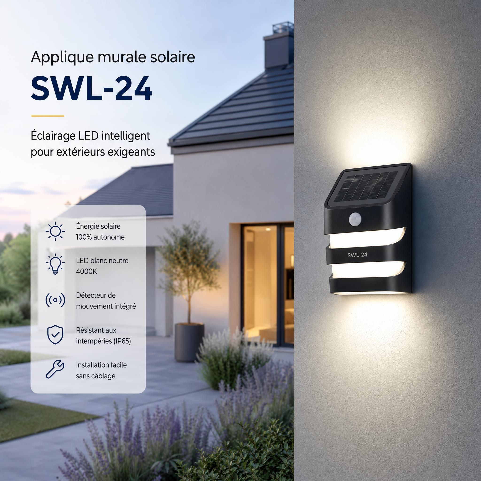 Applique murale solaire SWL-24 installée sur façade extérieure de maison française, éclairage LED blanc neutre