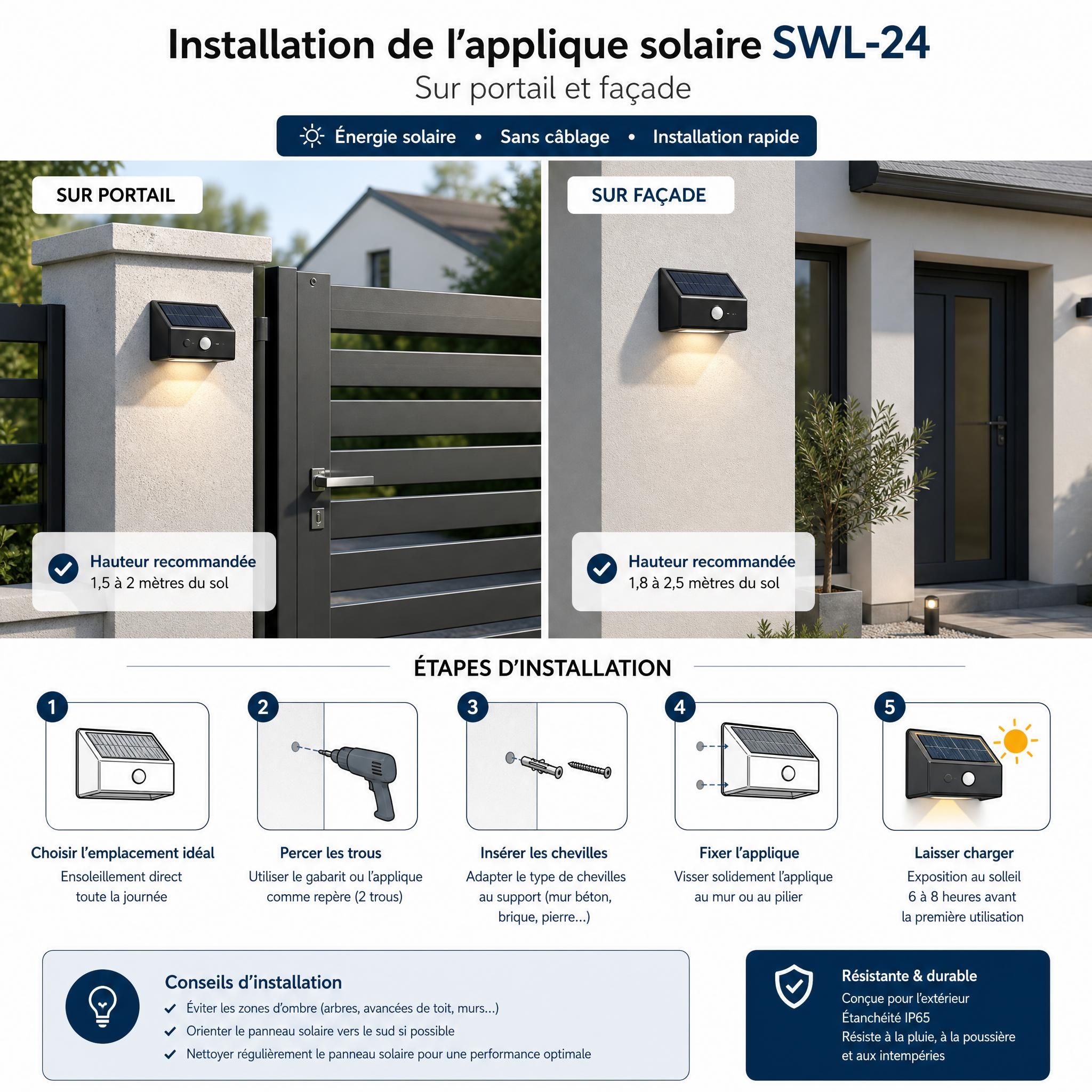 Schéma d'installation applique solaire SWL-24 sur portail et façade de maison individuelle française