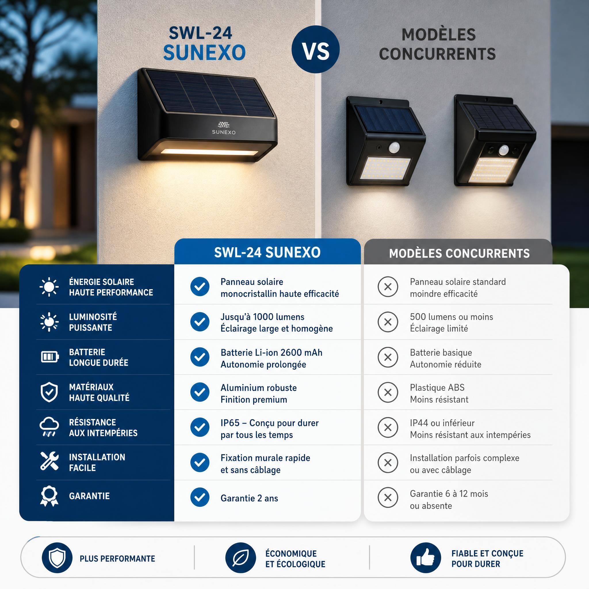 Comparaison côte à côte applique solaire SWL-24 Sunexo versus modèles concurrents sur façade extérieure