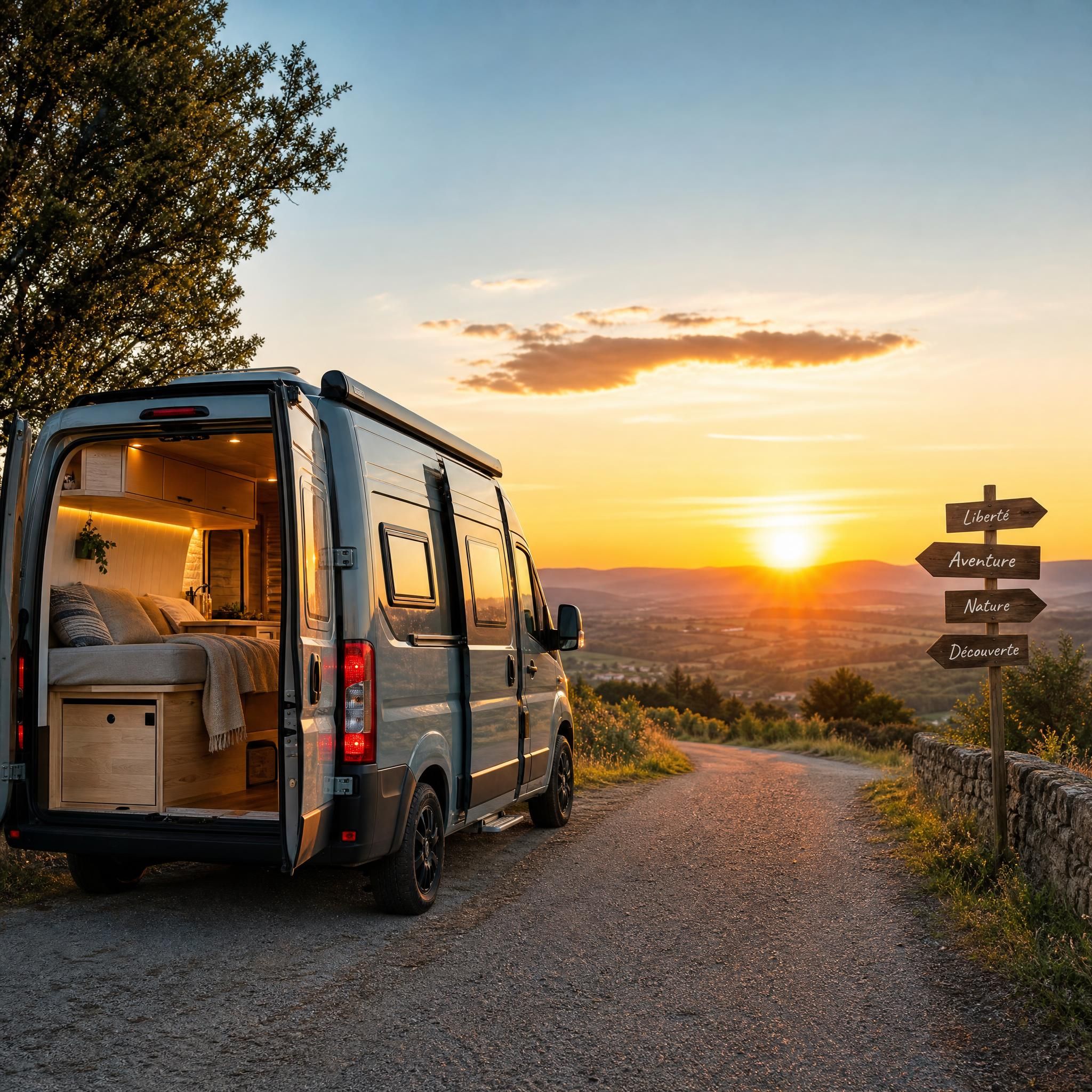 Van aménagé garé face à un coucher de soleil sur une route de campagne française, liberté et voyage en van