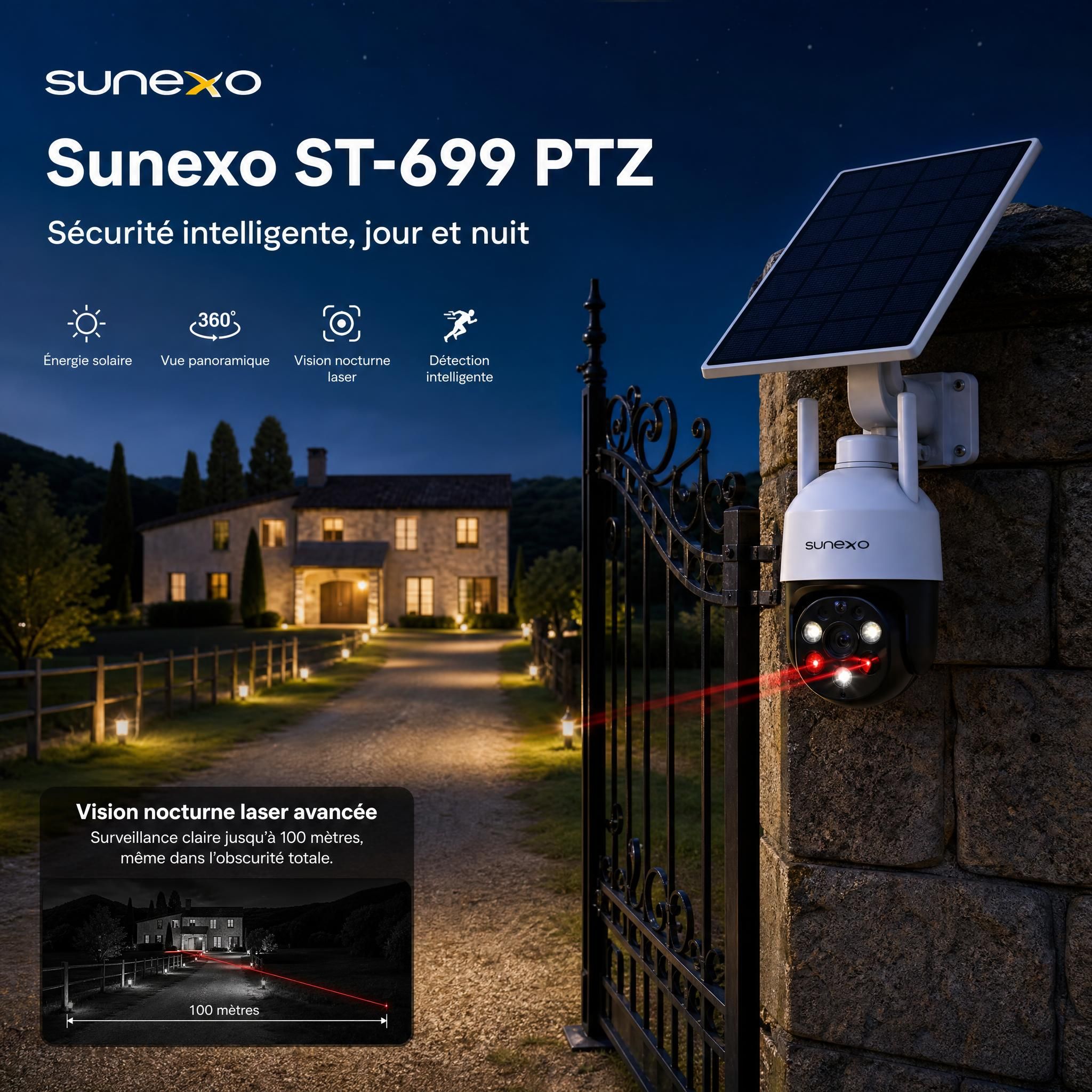 Caméra solaire Sunexo ST-699 PTZ installée sur un portail de propriété rurale avec grand terrain, vision nocturne laser activée