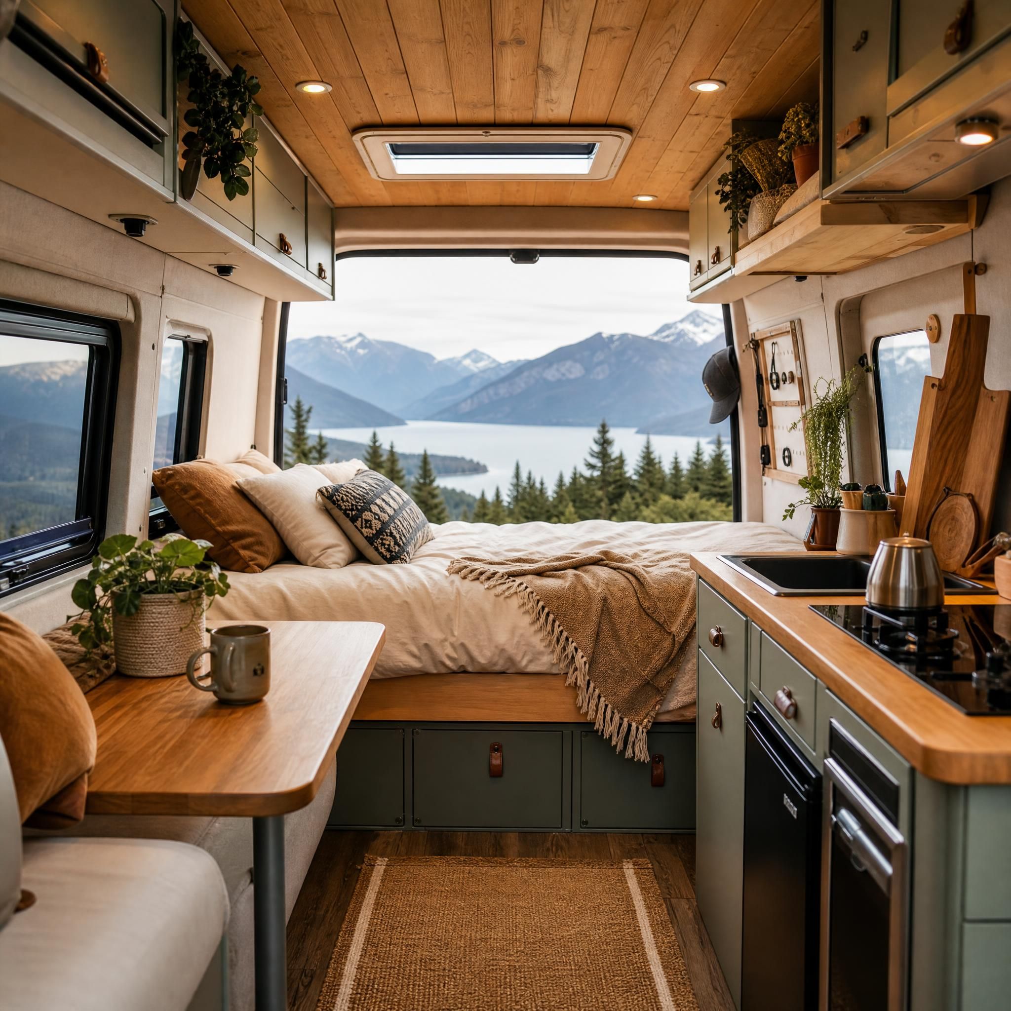 Intérieur cosy d'un van aménagé avec lit, cuisine équipée et vue panoramique par la fenêtre arrière
