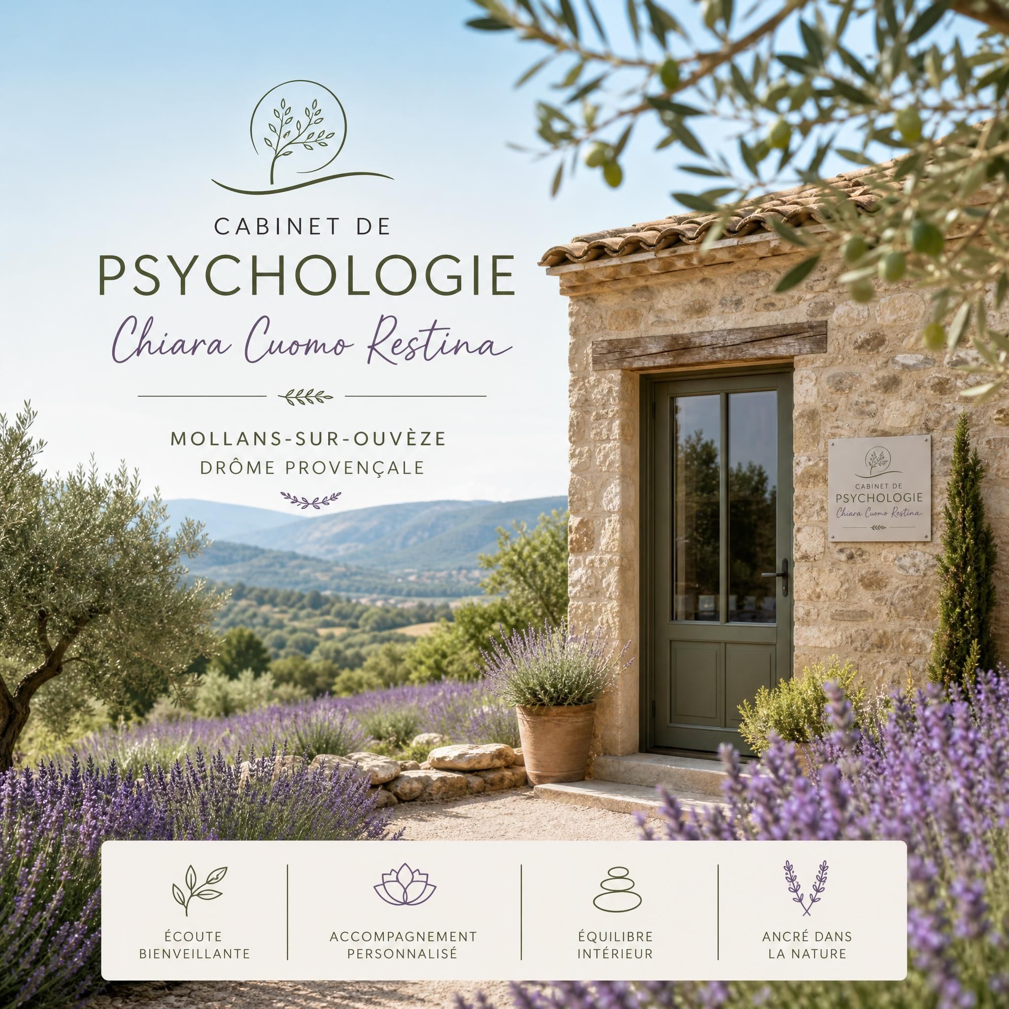 Cabinet de psychologie Chiara Cuomo Restina entouré de la nature provençale des Baronnies, oliviers et lavande, Mollans-sur-Ouvèze, Drôme provençale